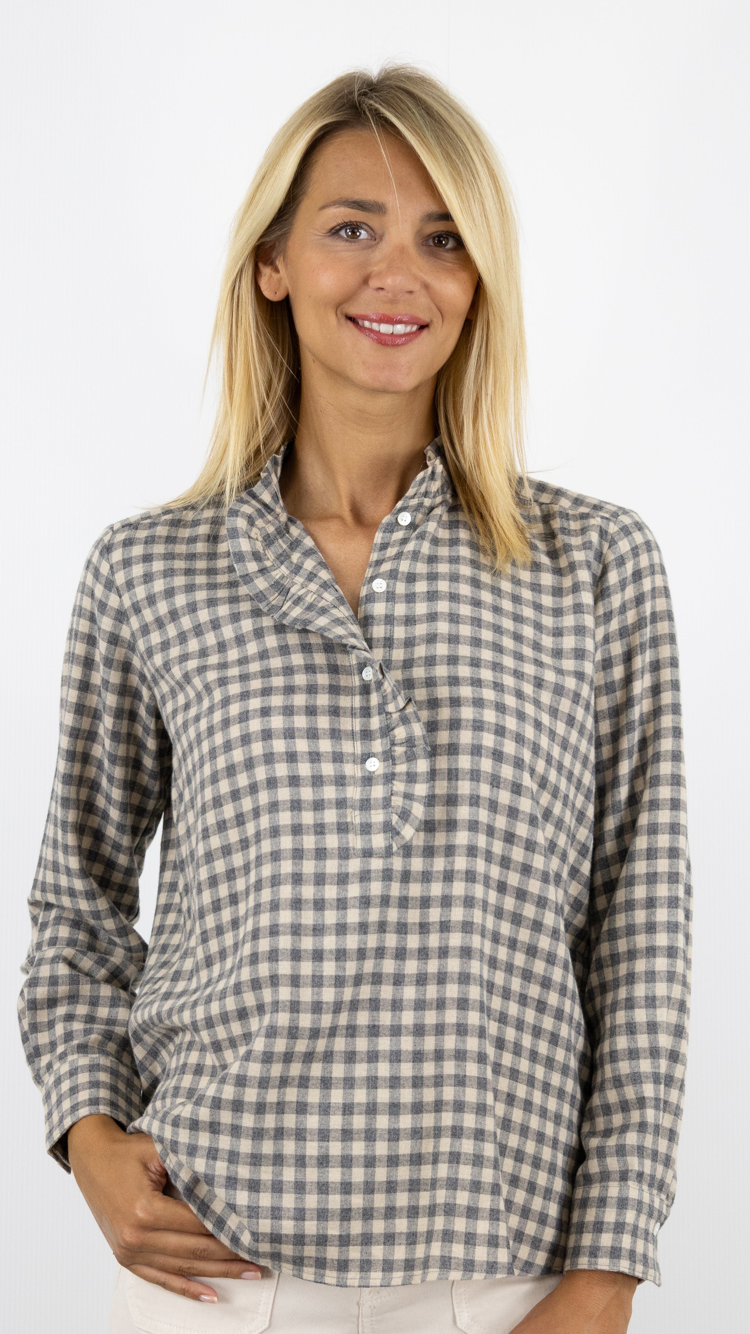 BLOUSE A CARREAUX VOLANTE CARMEN BCCC631 HARTFORD GRIS NATUREL