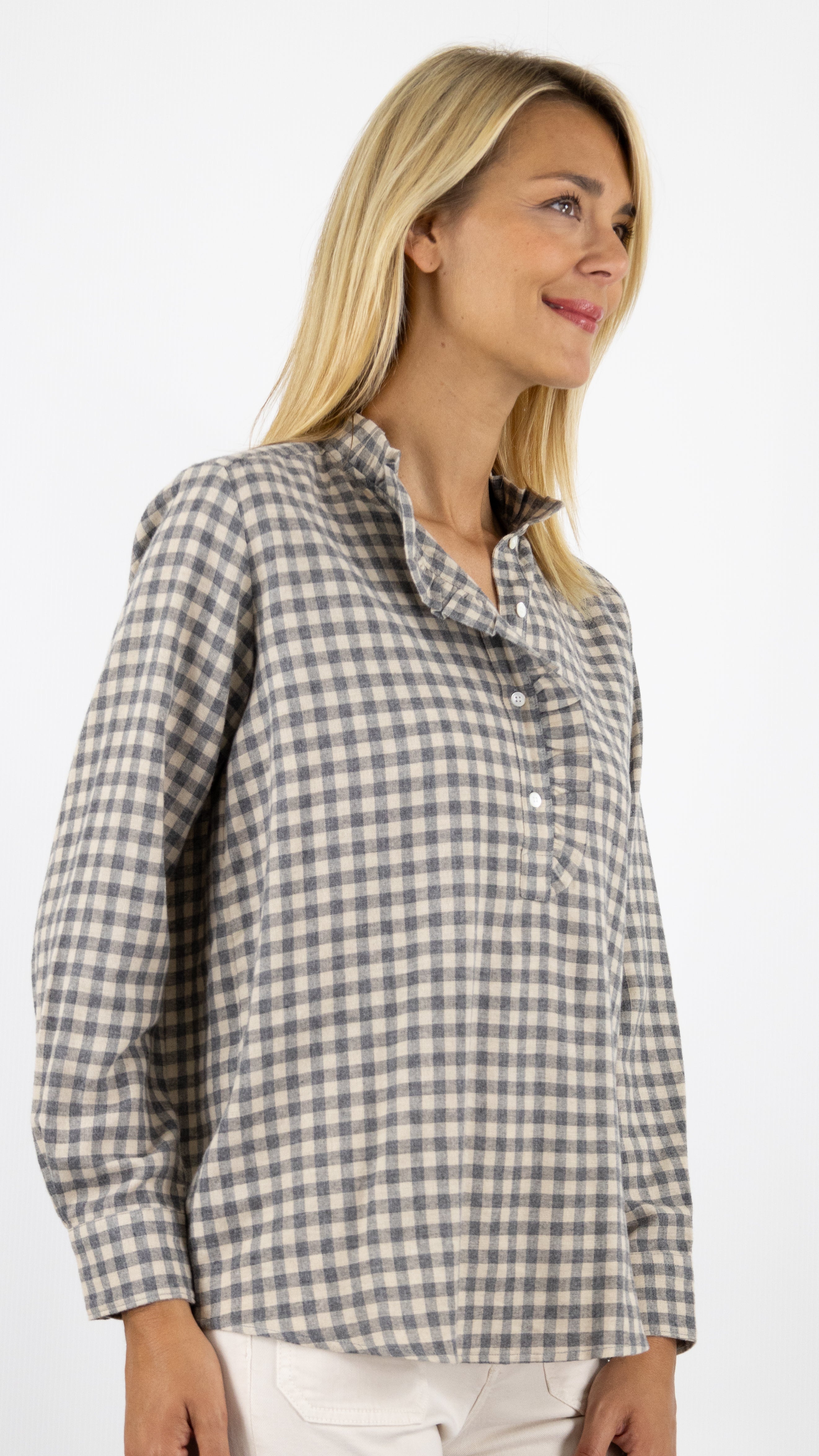 BLOUSE A CARREAUX VOLANTE CARMEN BCCC631 HARTFORD GRIS NATUREL