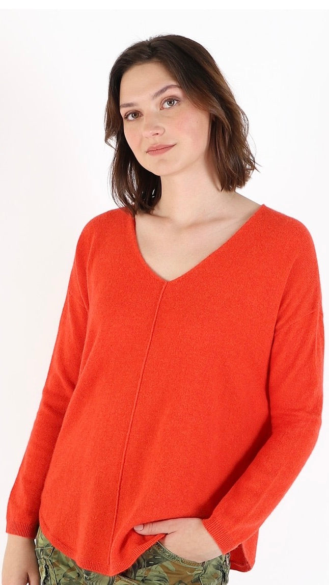 PULL COL V OVERSIZE EN CACHEMIRE JARDIN PRIVE PU1205 ALOES ORANGE