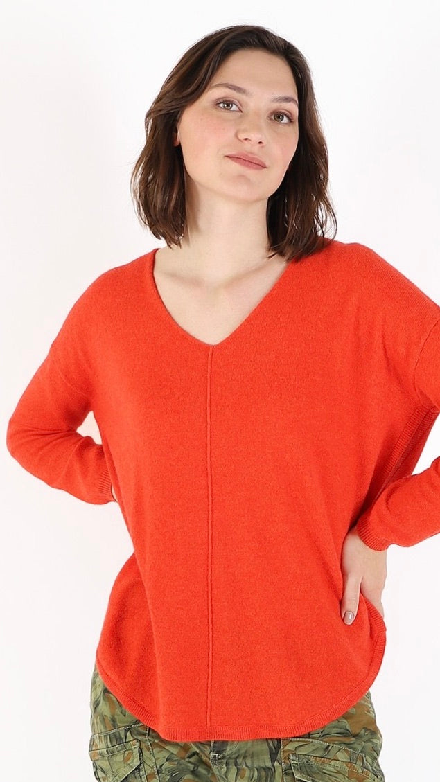 PULL COL V OVERSIZE EN CACHEMIRE JARDIN PRIVE PU1205 ALOES ORANGE