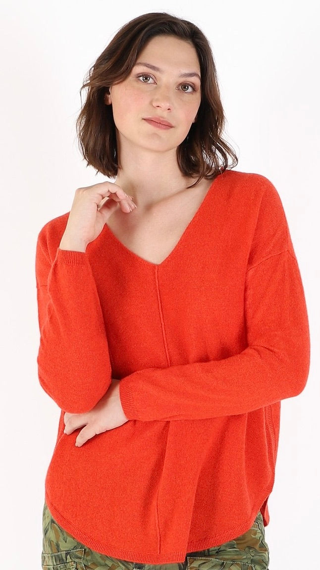 PULL COL V OVERSIZE EN CACHEMIRE JARDIN PRIVE PU1205 ALOES ORANGE