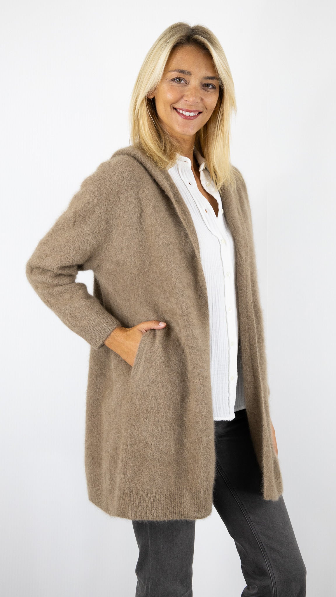 GILET LONG A CAPUCHE EN RACCON ESTHEME WES2294HR#color_1191/TAUPE
