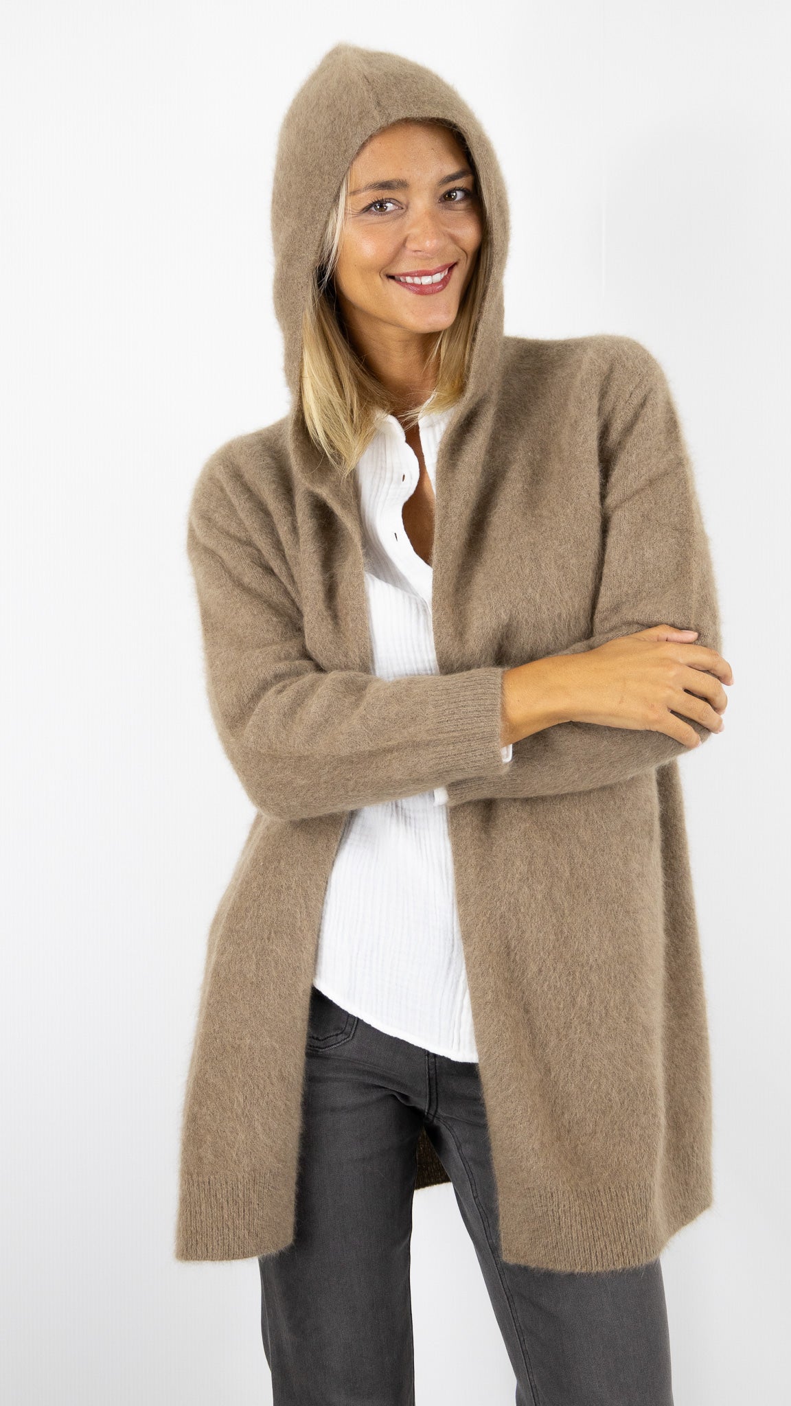 GILET LONG A CAPUCHE EN RACCON ESTHEME WES2294HR#color_1191/TAUPE