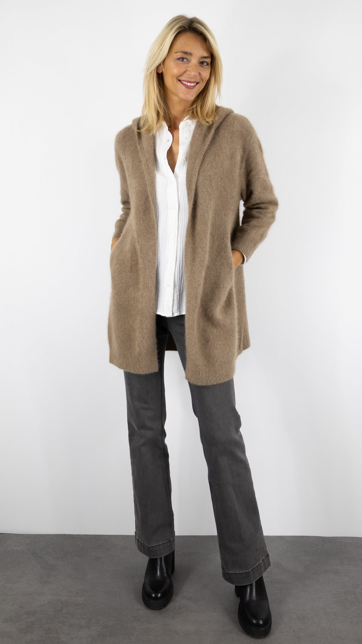 GILET LONG A CAPUCHE EN RACCON ESTHEME WES2294HR#color_1191/TAUPE