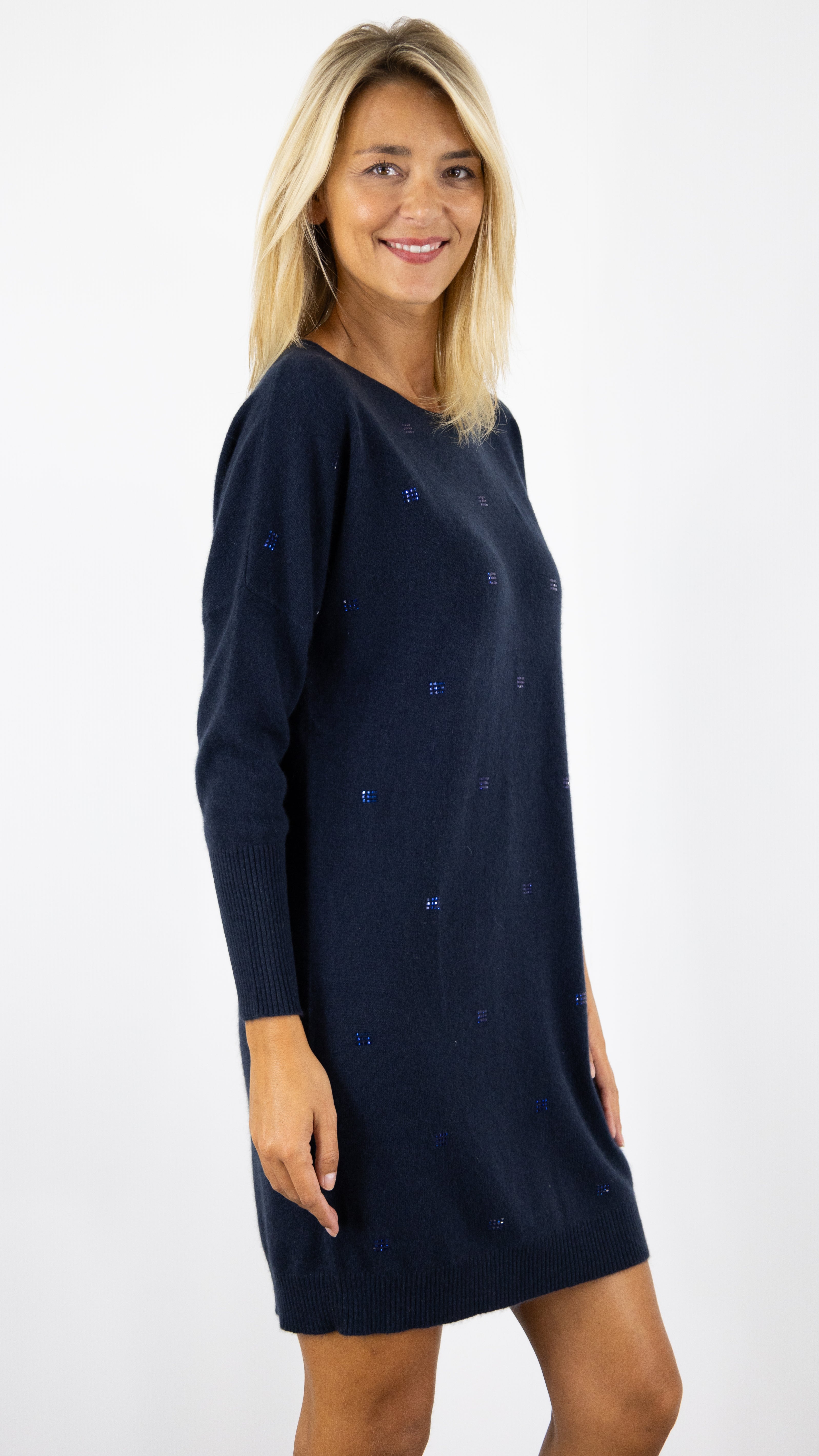 ROBE EN CACHEMIRE AVEC STRASS ESTHEME CKH4057C ESTHEME NAVY