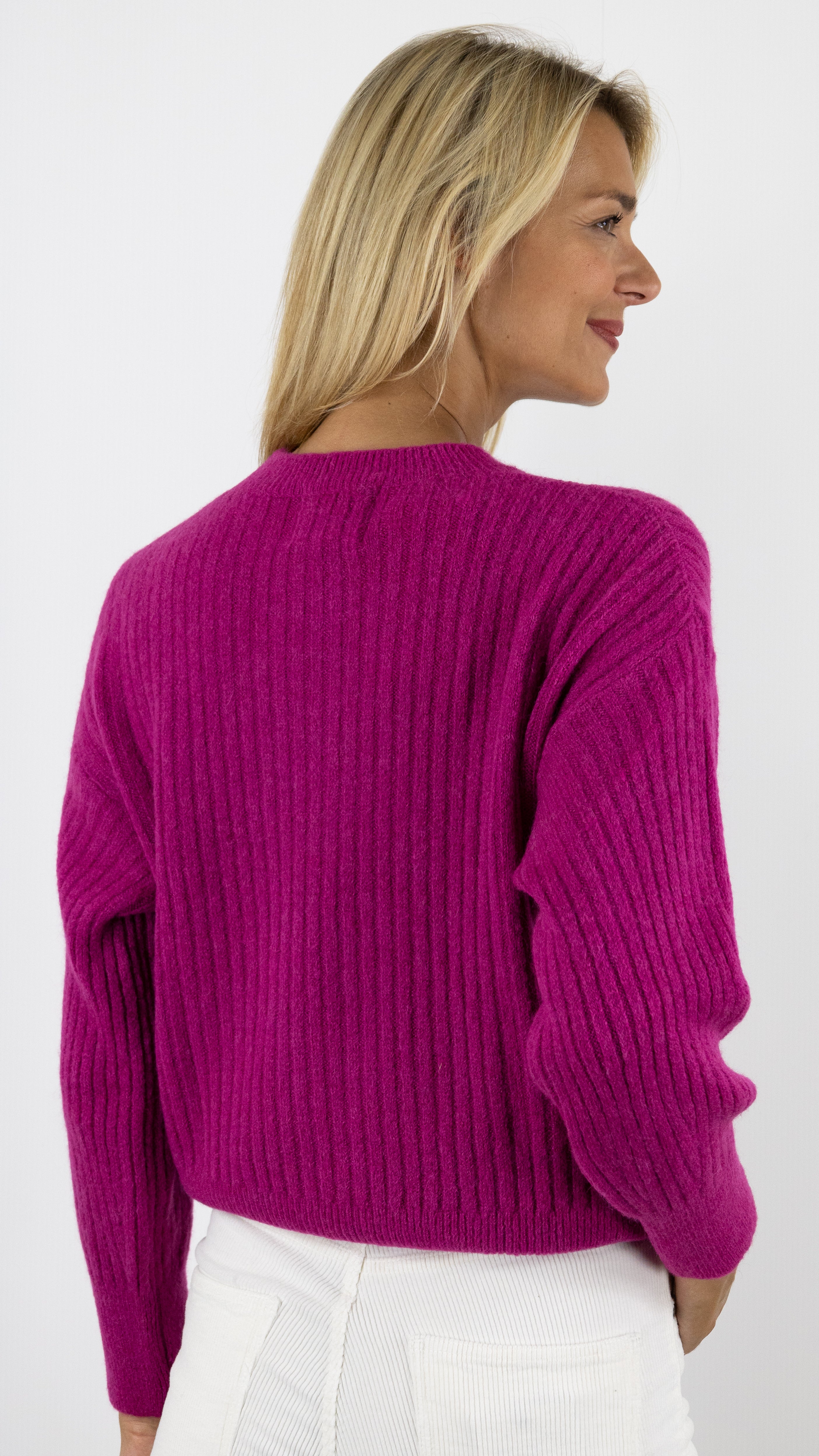 PULL COL ROND MAILLE COTE DE 2 STUDIO PARISIEN 9407#color_FUSCHIA