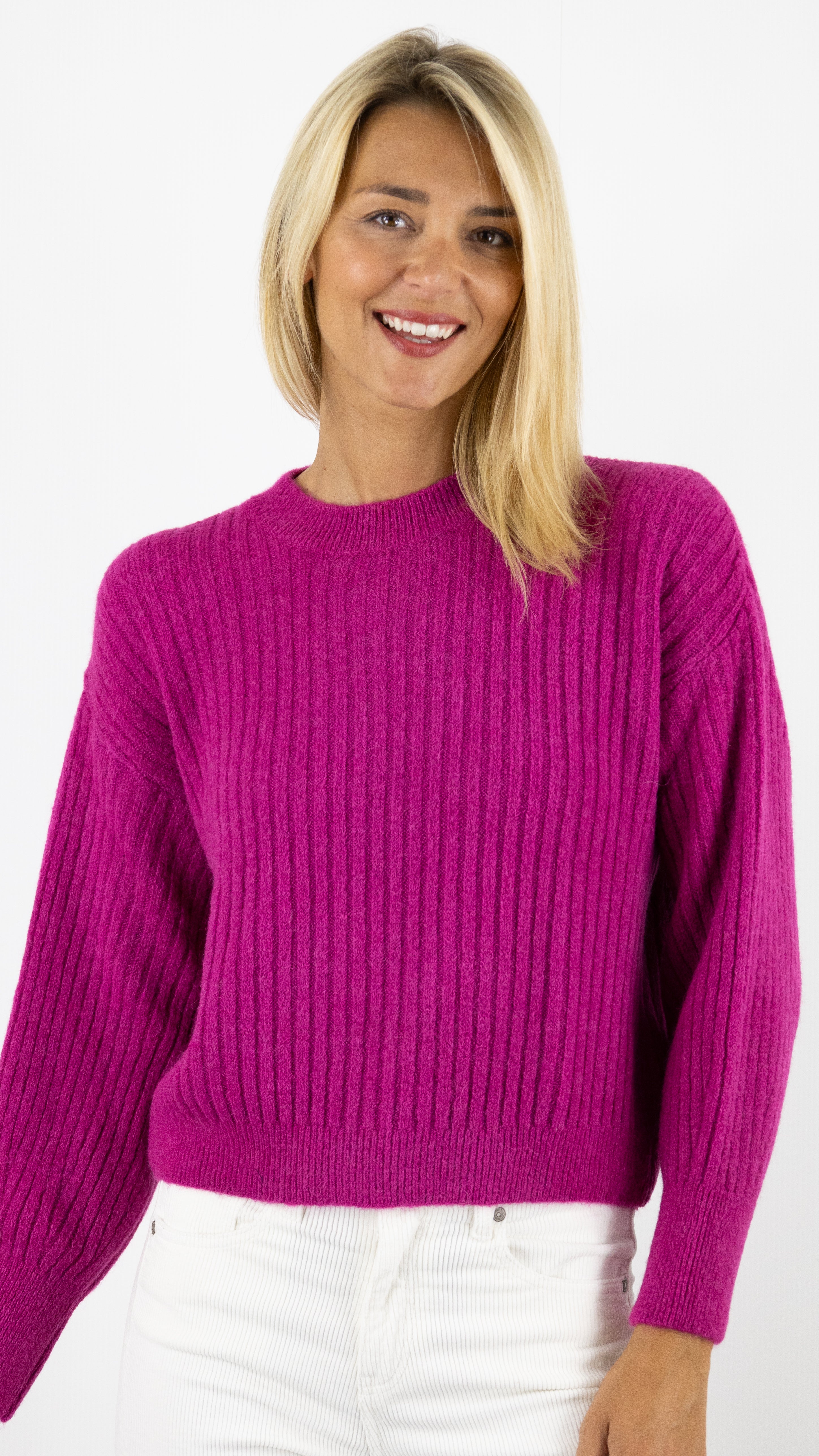 PULL COL ROND MAILLE COTE DE 2 STUDIO PARISIEN 9407#color_FUSCHIA