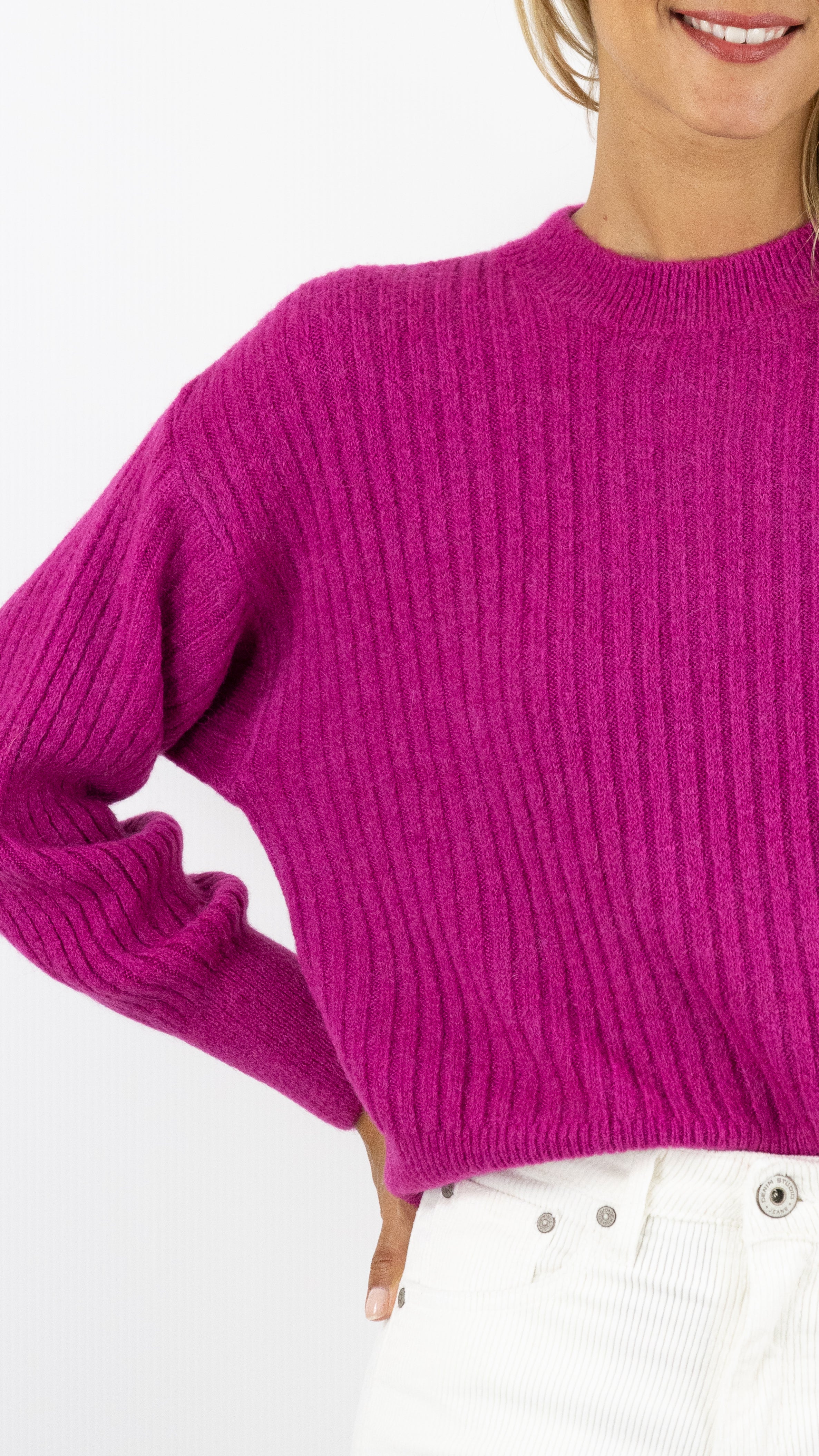 PULL COL ROND MAILLE COTE DE 2 STUDIO PARISIEN 9407#color_FUSCHIA