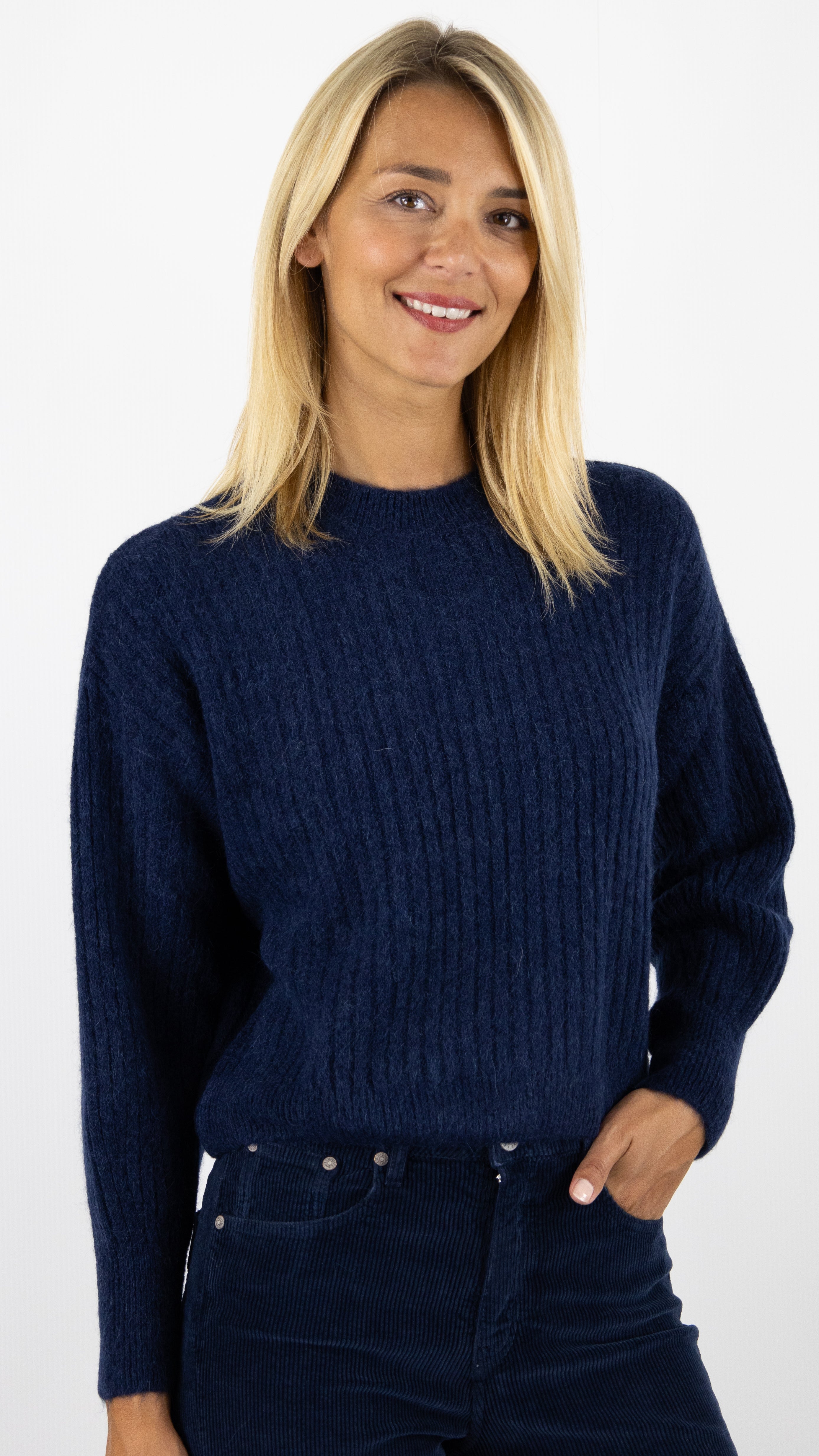 PULL COL ROND MAILLE COTE DE 2 STUDIO PARISIEN 9407#color_MARINE