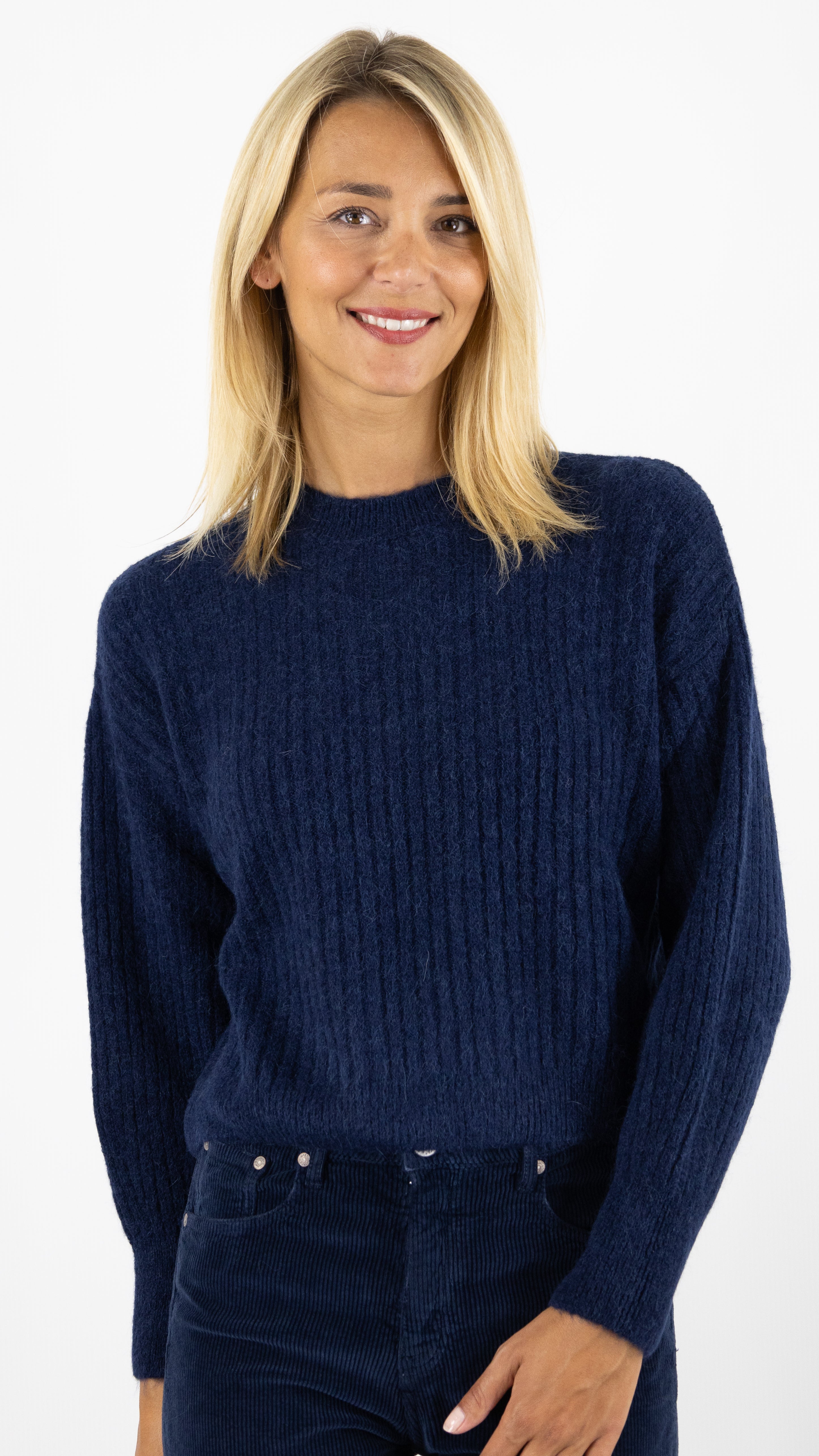 PULL COL ROND MAILLE COTE DE 2 STUDIO PARISIEN 9407#color_MARINE