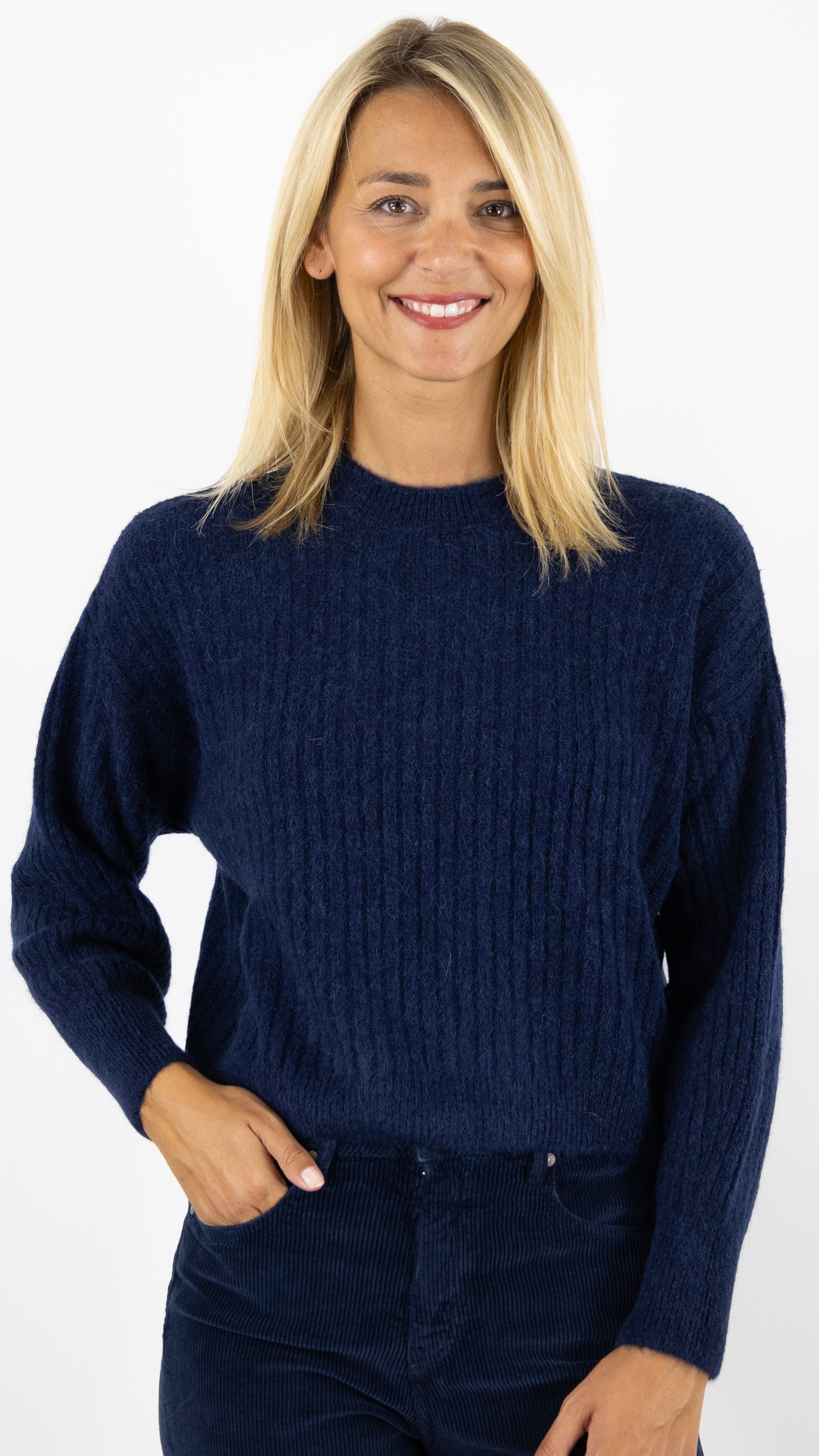 PULL COL ROND MAILLE COTE DE 2 STUDIO PARISIEN 9407#color_MARINE