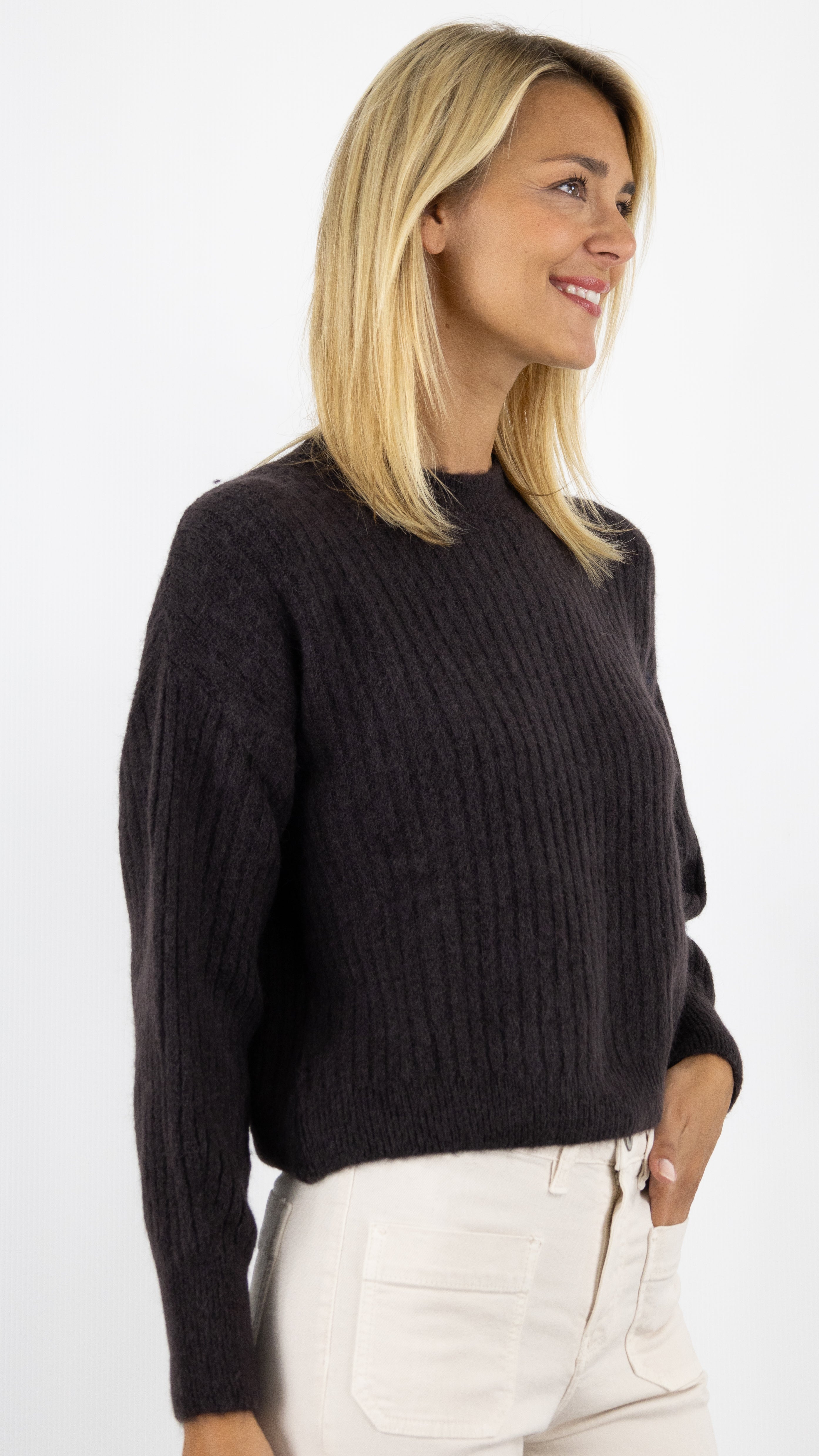 PULL COL ROND MAILLE COTE DE 2 STUDIO PARISIEN 9407#color_MARRON