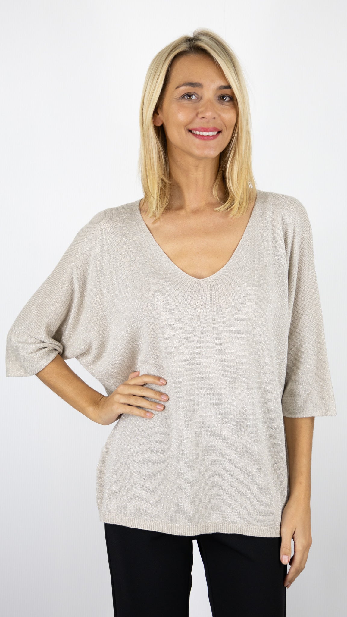 PULL V OVERSIZE LAME ATELIER DE MILA 21130#COLOR_BEIGE