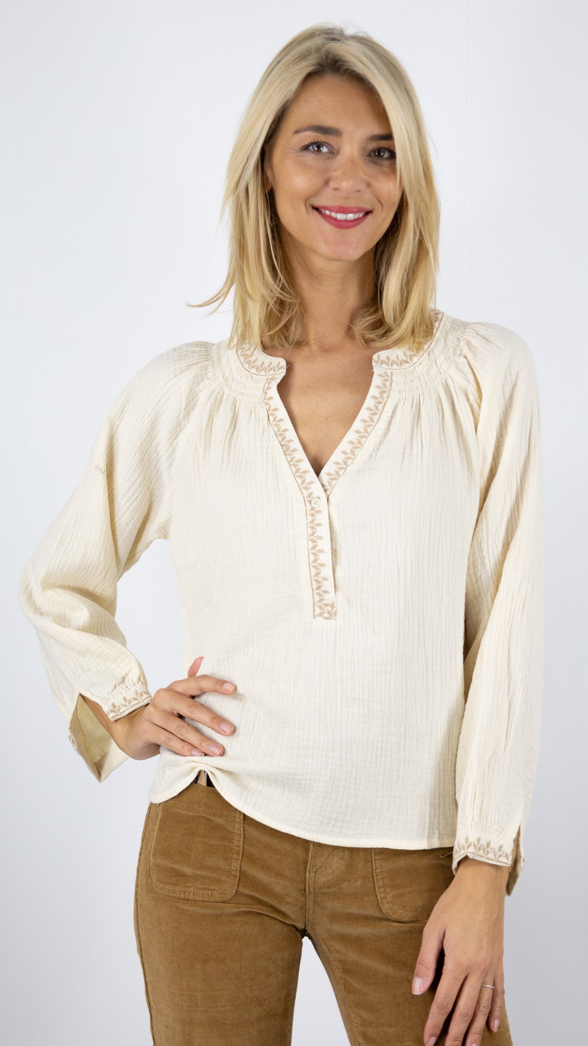 BLOUSE GAZE DE COTON COL TUNISIEN BRODERIE SO SWEET CH137#COLOR_BEIGE