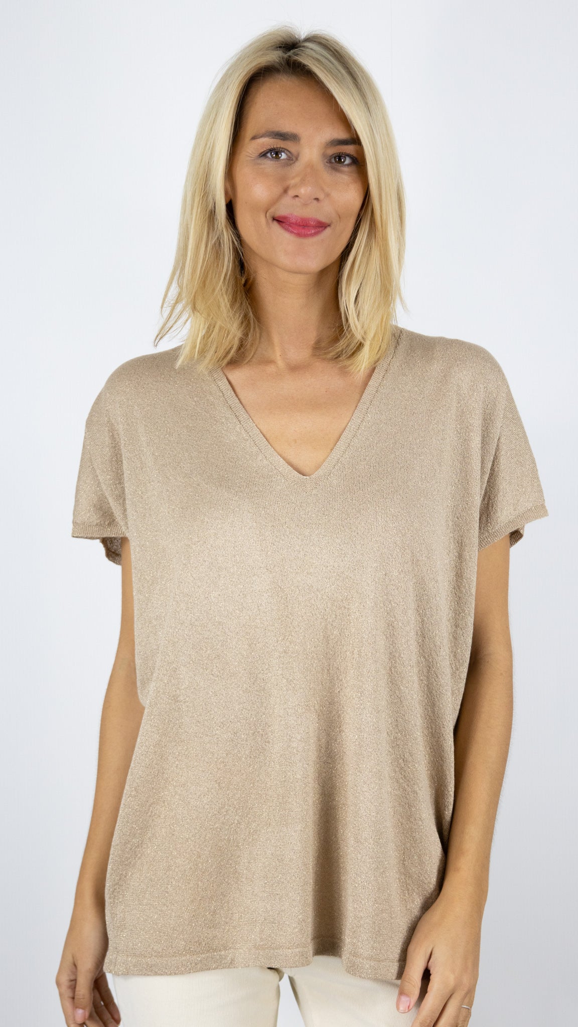 PULL A PAILLETTES DORE COL V MANCHES COURTES AN'GE LANDREW#COLOR_SABLE