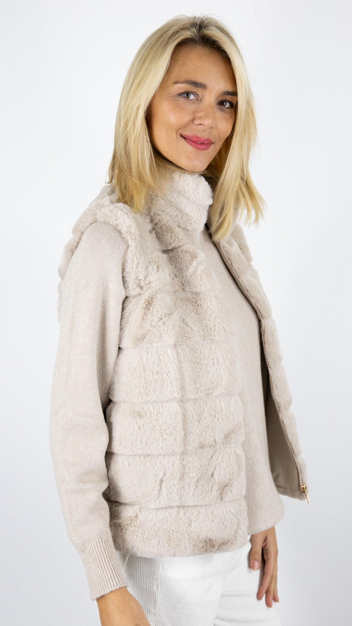 GILET SANS MANCHES FAUSSE FOURRURE VIMODA 40826#COLOR_BEIGE