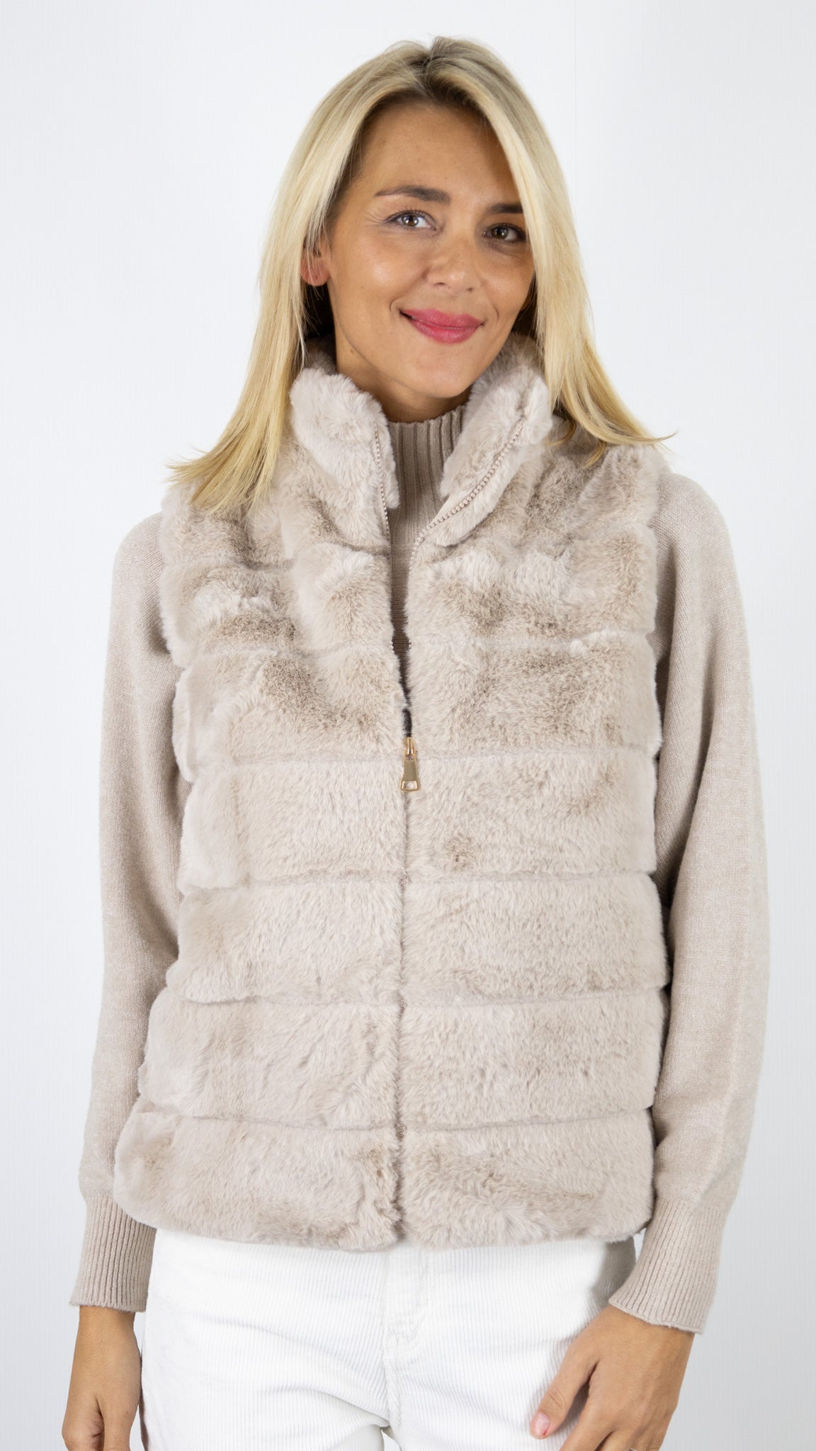 GILET SANS MANCHES FAUSSE FOURRURE VIMODA 40826#COLOR_BEIGE