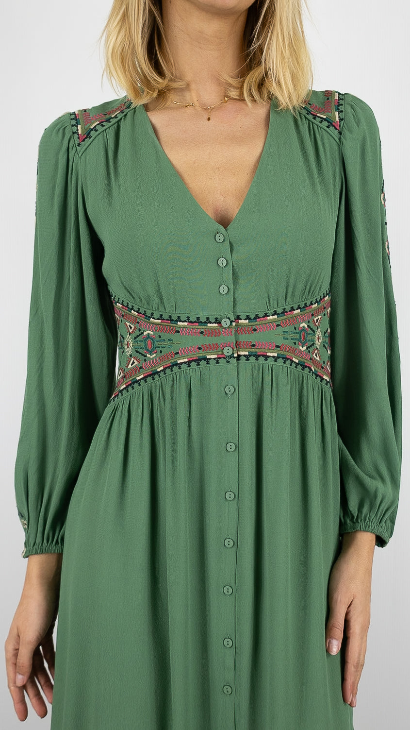 ROBE LONGUE BRODEE SMOCKEE VERTE BA&SH TINA