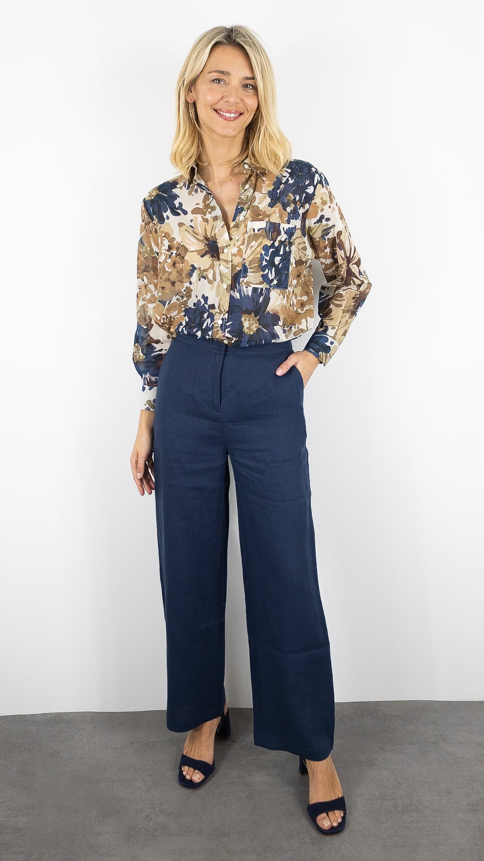 PANTALON LARGE EN LIN MARINE ESTHEME JF5S102EL