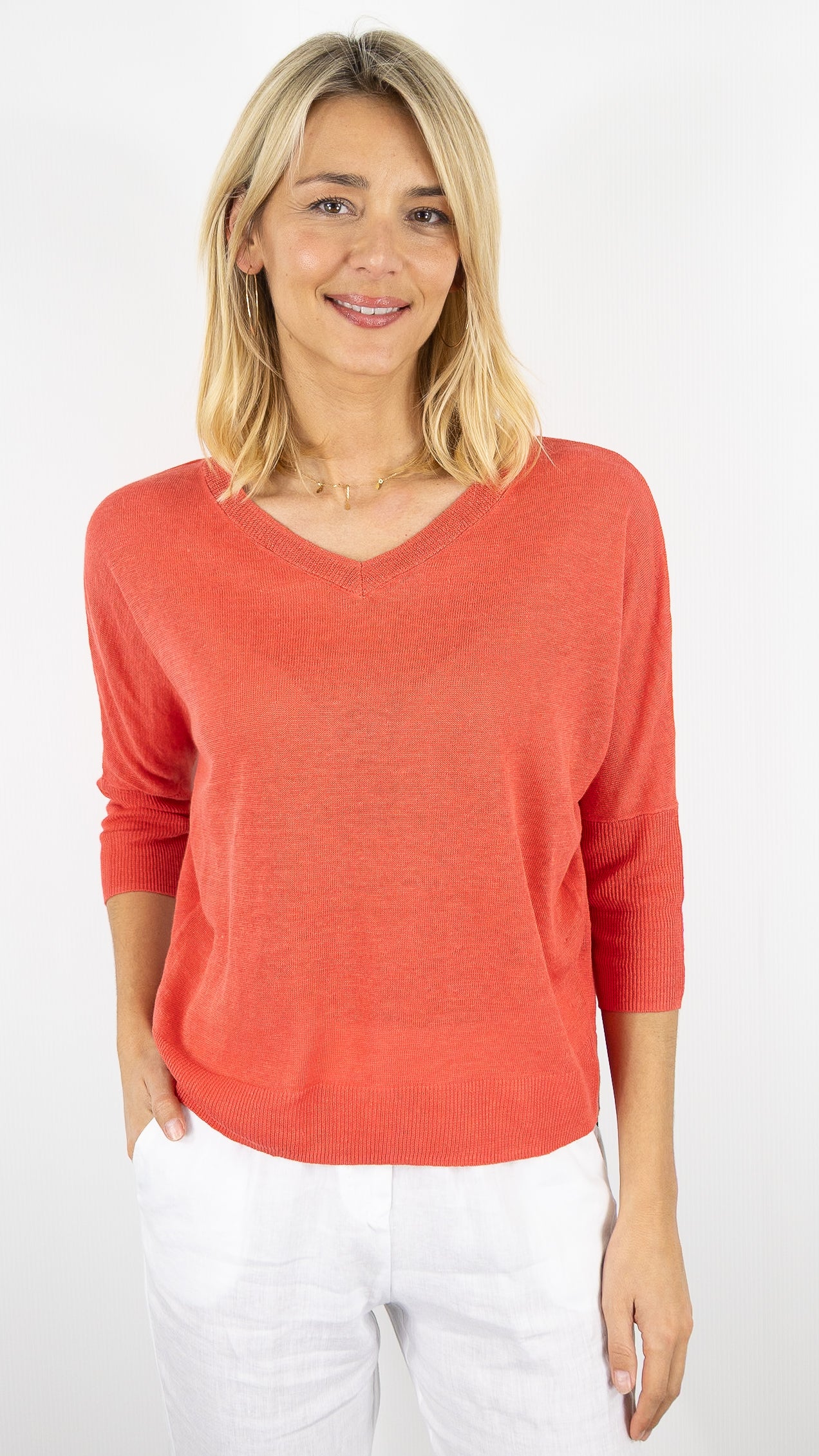 PULL COL V EN LIN POUR FEMME ESTHEME CKE5043E#COLOR_
26004/WATERMELON