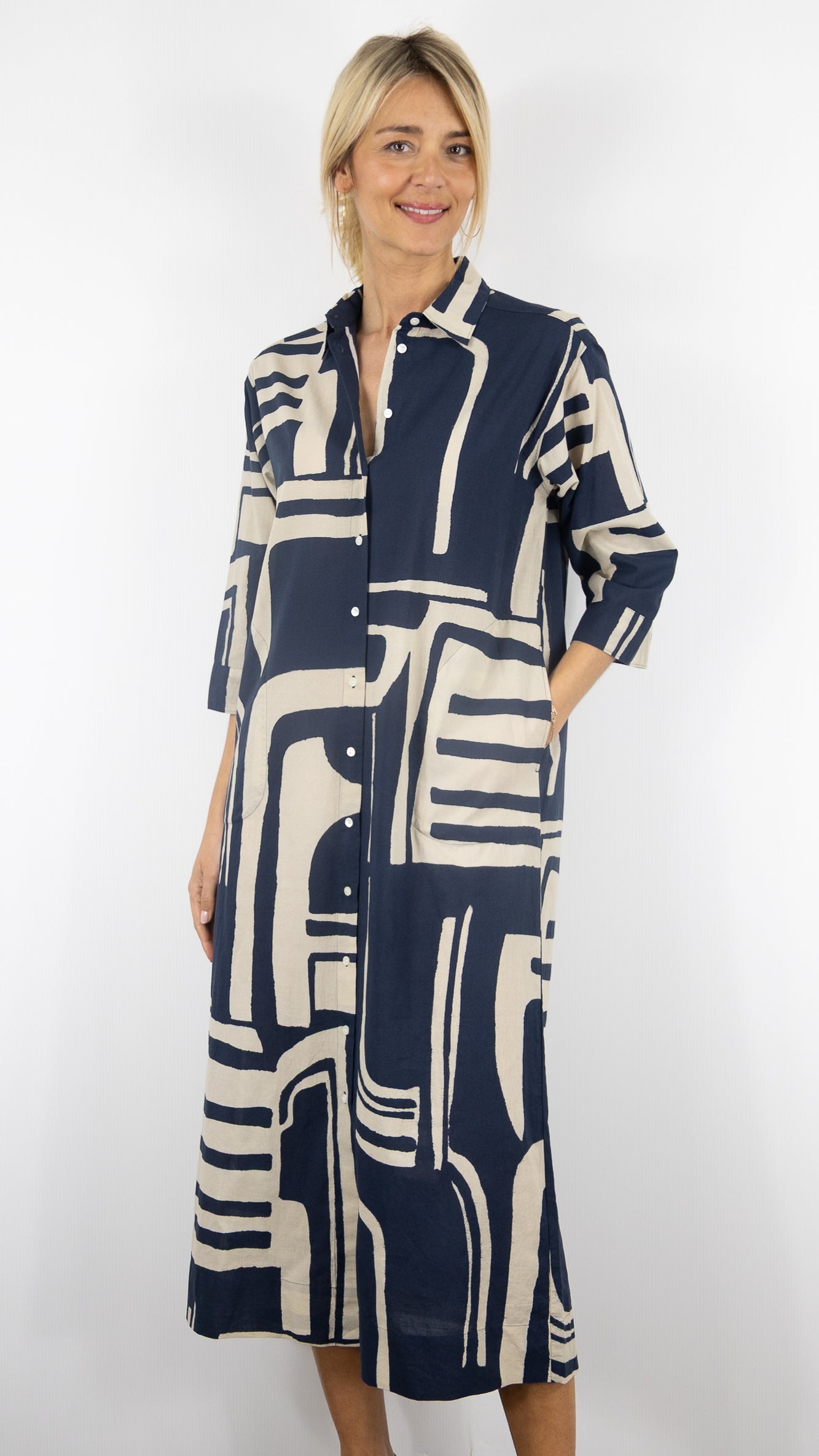 ROBE LONGUE IMPRIMEE EN COTON#COLOR_02/NATURAL NAVY
