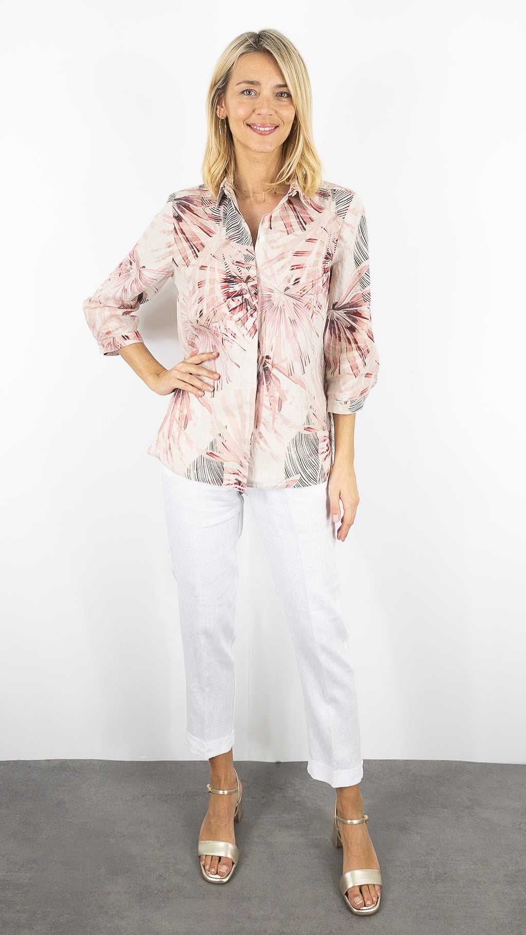 CHEMISE MANCHES COURTES IMPRIMEE EN LIN POUR FEMME TONI 78-84/1438-2#COLOR_480/IMP ROSE