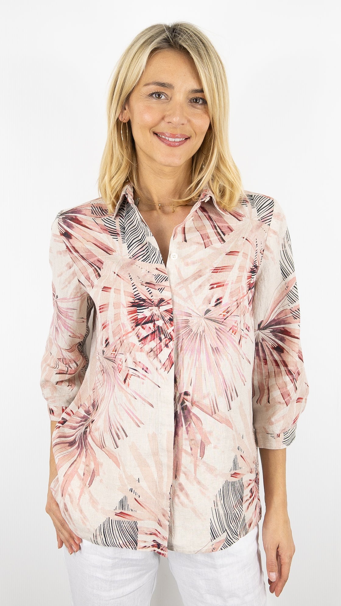 CHEMISE MANCHES COURTES IMPRIMEE EN LIN POUR FEMME TONI 78-84/1438-2#COLOR_480/IMP ROSE