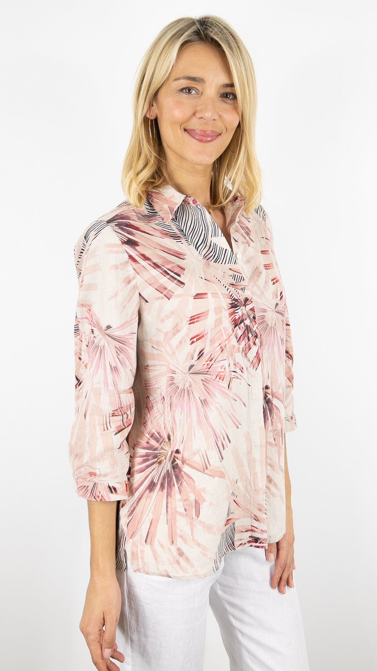CHEMISE MANCHES COURTES IMPRIMEE EN LIN POUR FEMME TONI 78-84/1438-2#COLOR_480/IMP ROSE