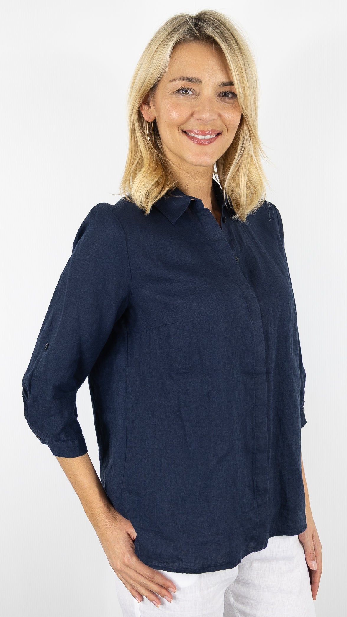 CHEMISE EN LIN MANCHES COURTES POUR FEMME TONI 71-27/1438-2#COLOR_58/NAVY
