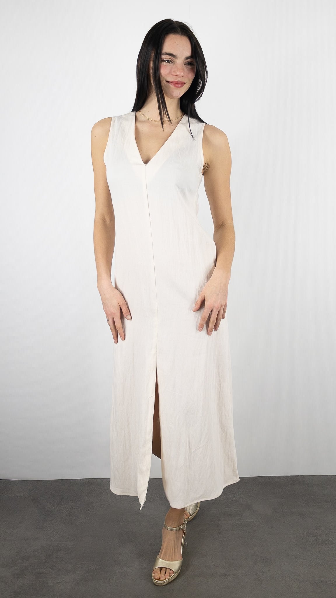 ROBE MIDI EN LIN COL V  LA PETITE ETOILE ROSANNA NATUREL ECRUE 