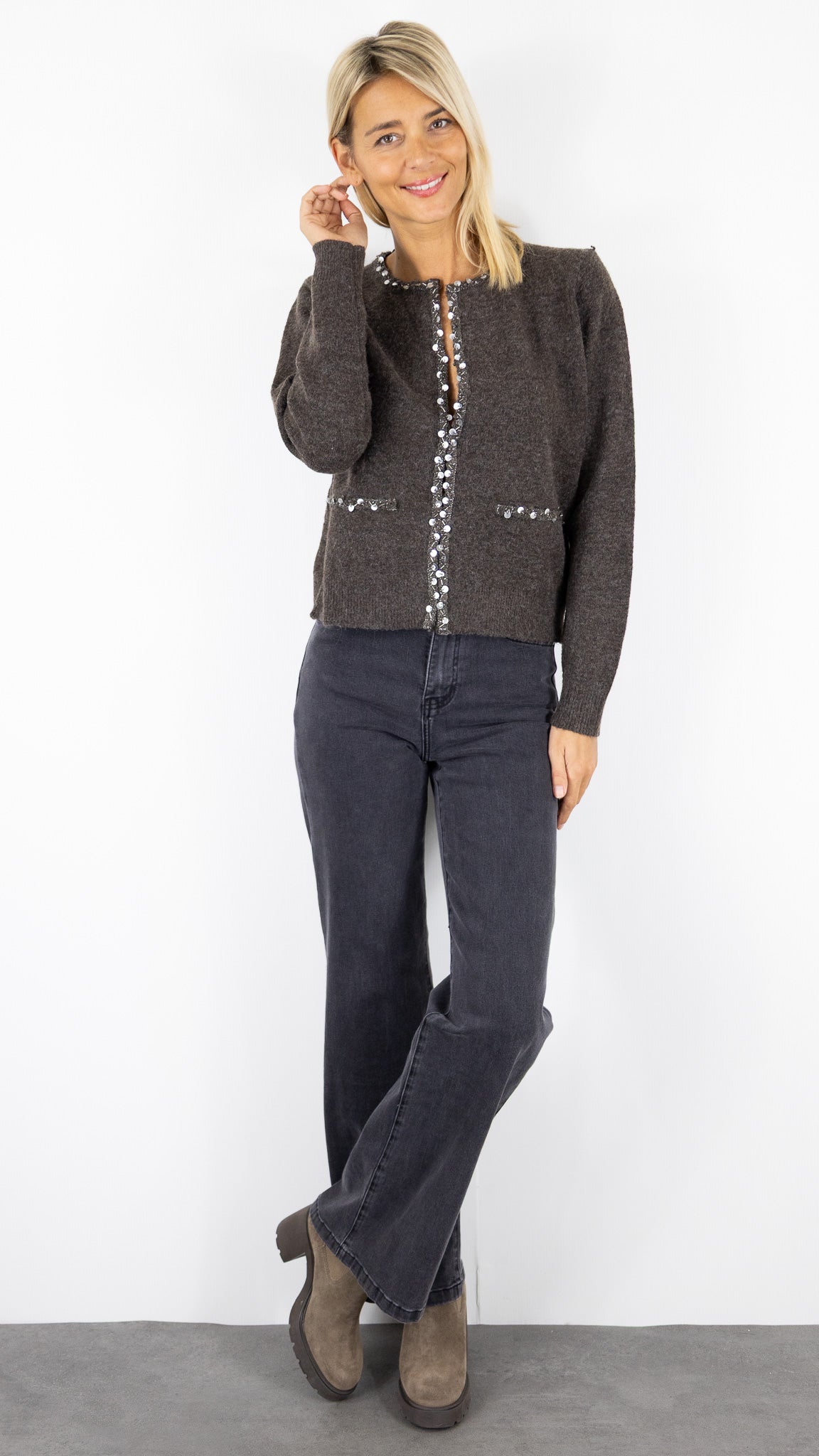 CARDIGAN A BORD PAILLETTE 06BN12 KY CREATION#color_COFFEE/CHOCO