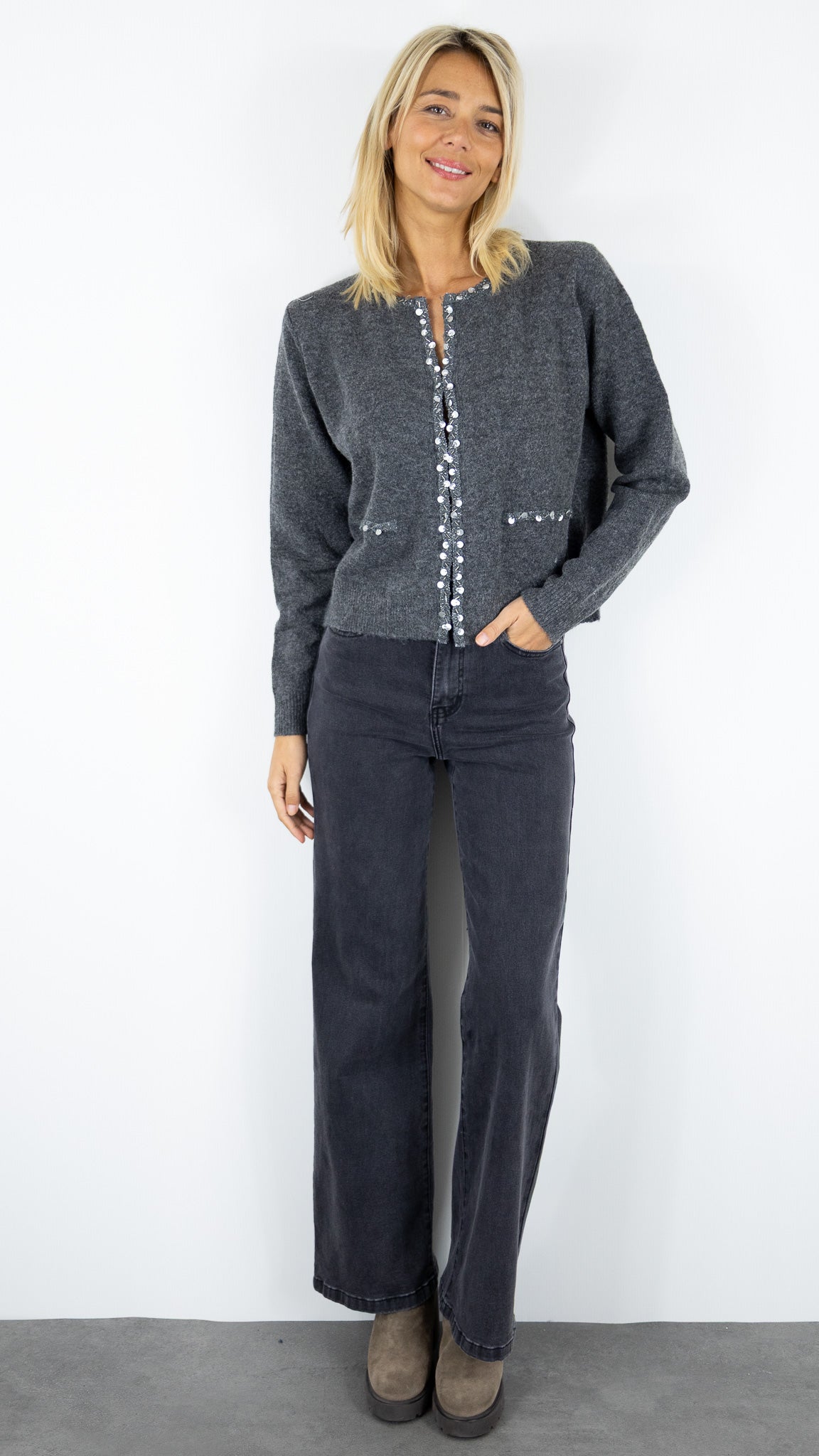 CARDIGAN A BORD PAILLETTE 06BN12 KY CREATION#color_GREY/GRIS