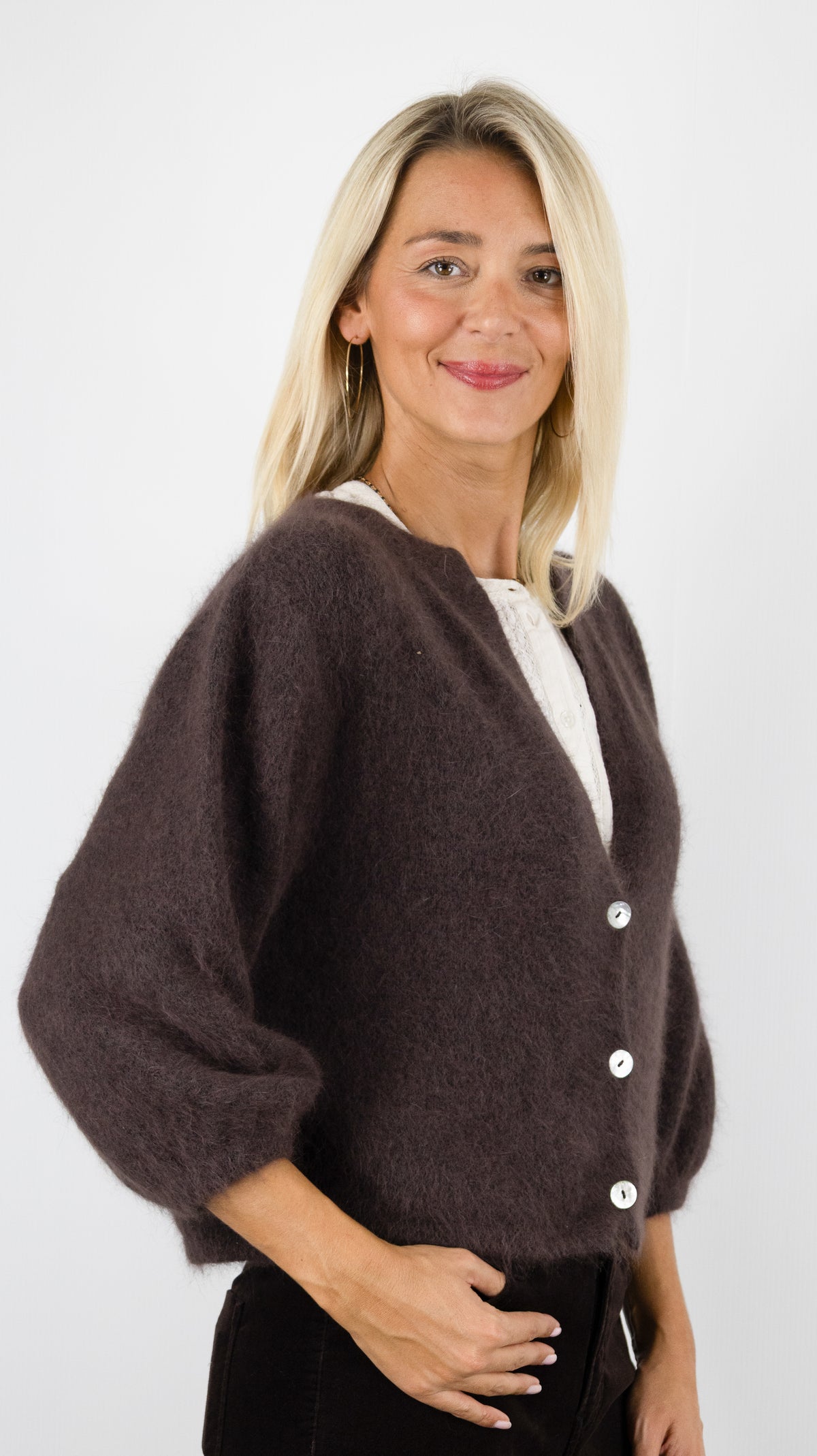 CARDIGAN COURT POUR FEMME NAIS AN25660-1#COLOR_CHOCO
