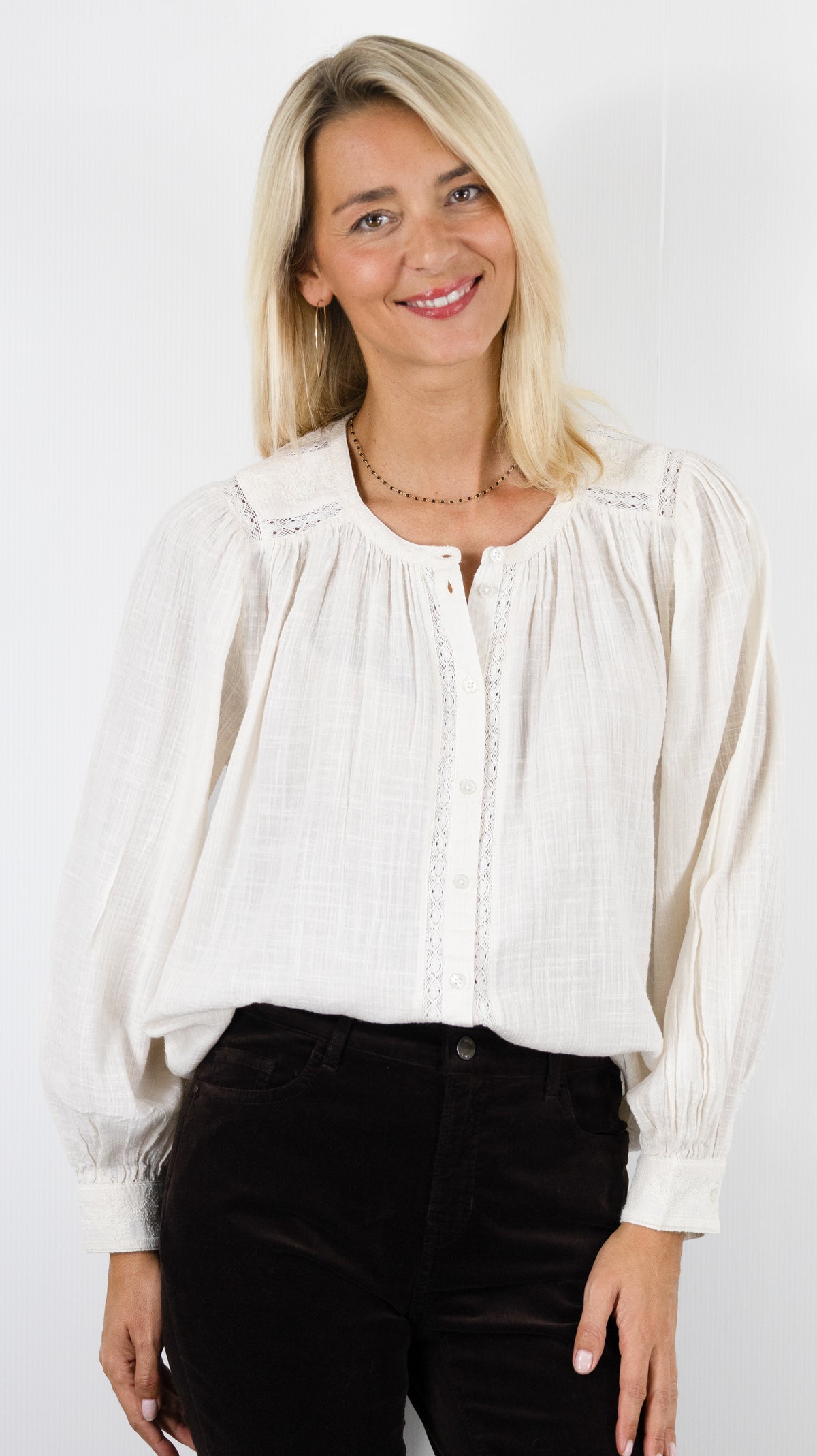 BLOUSE EN COTON FRONCEE DENTELLE ECRUE POUR FEMME BA&SH NURIA