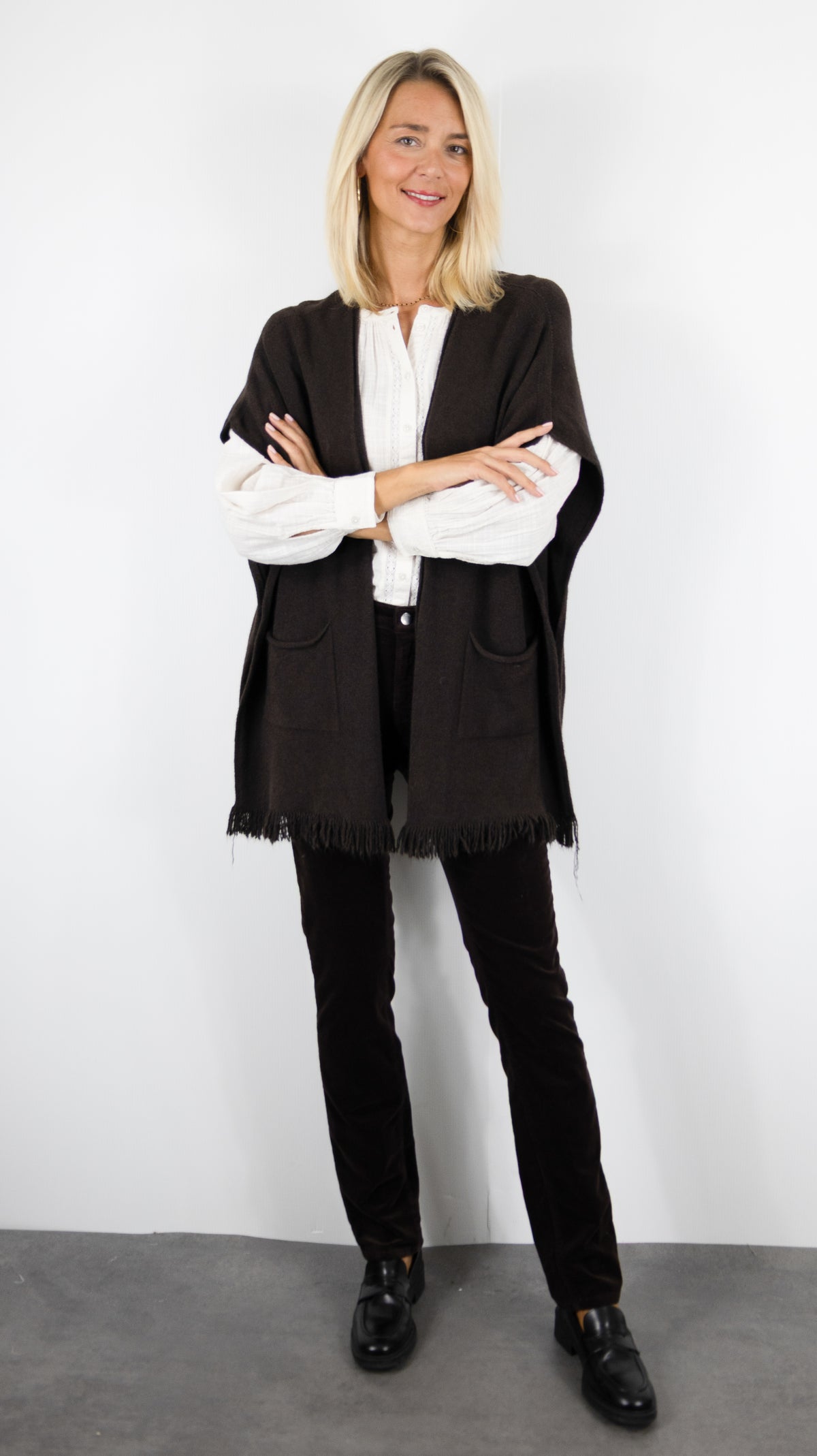 GILET AMPLE MANCHES COURTES BAS FRANGÉ ALEXANDRE LAURENT C8885#COLOR_MORO/CHOCO