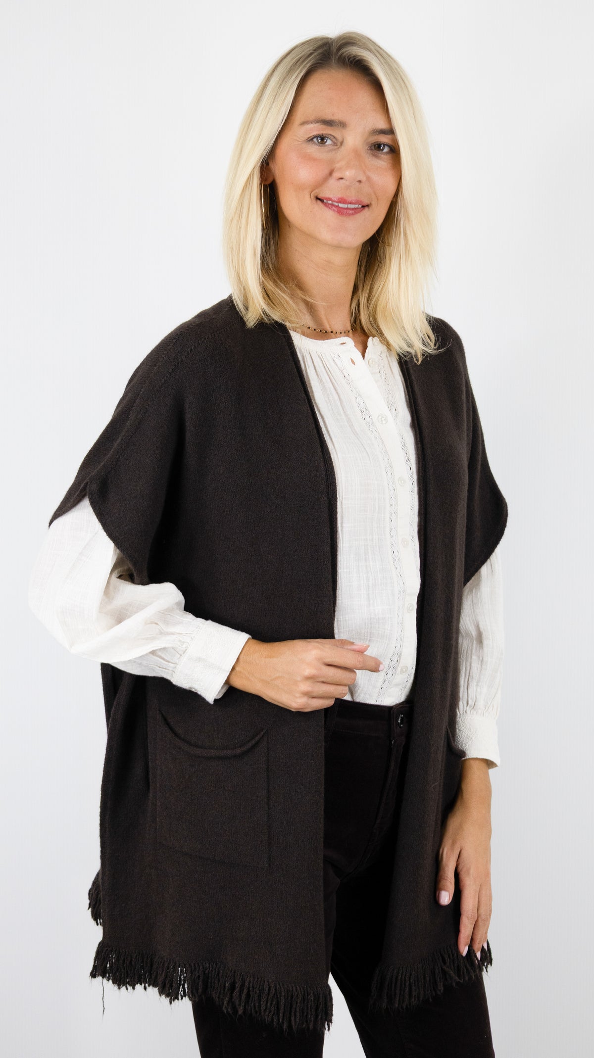 GILET AMPLE MANCHES COURTES BAS FRANGÉ ALEXANDRE LAURENT C8885#COLOR_MORO/CHOCO