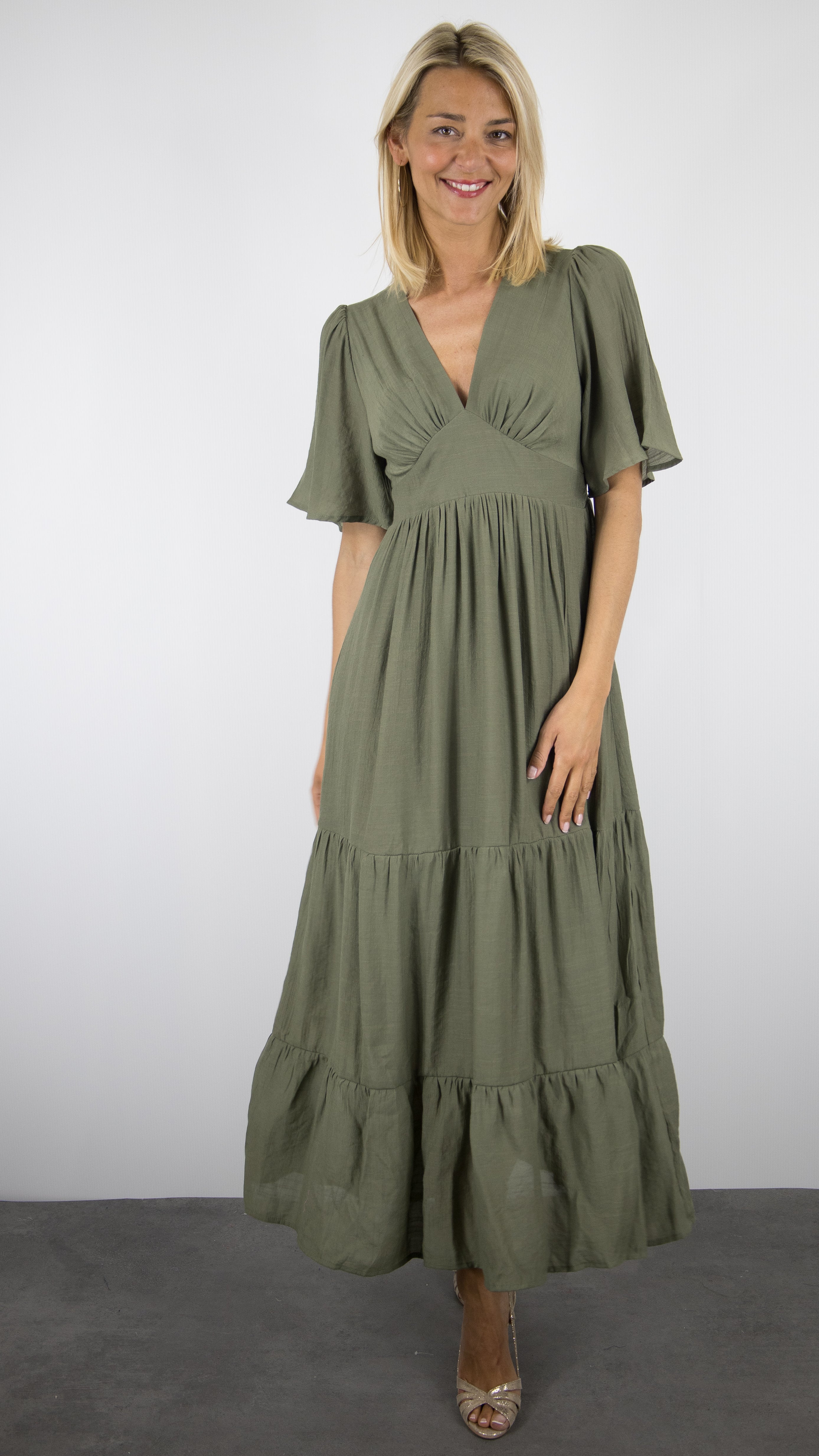 ROBE LONGUE D'ETE COL V VOLANTEE FLUIDE FEMME YCOO 10194#COLOR_KAKI