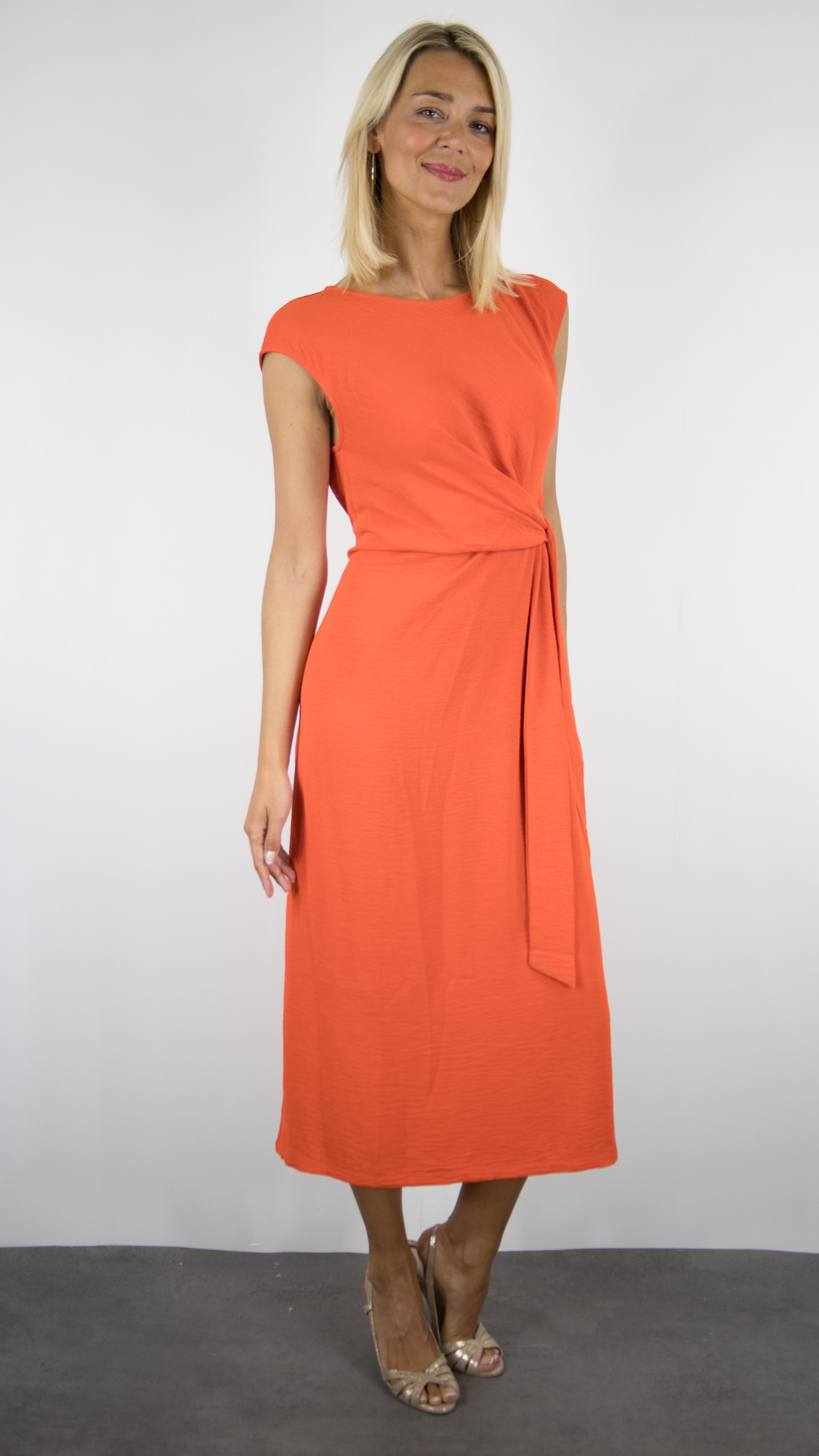 ROBE MIDI SANS MANCHES FLUIDE CROISEE POUR FEMME YCOO 10215#COLOR_CORAIL