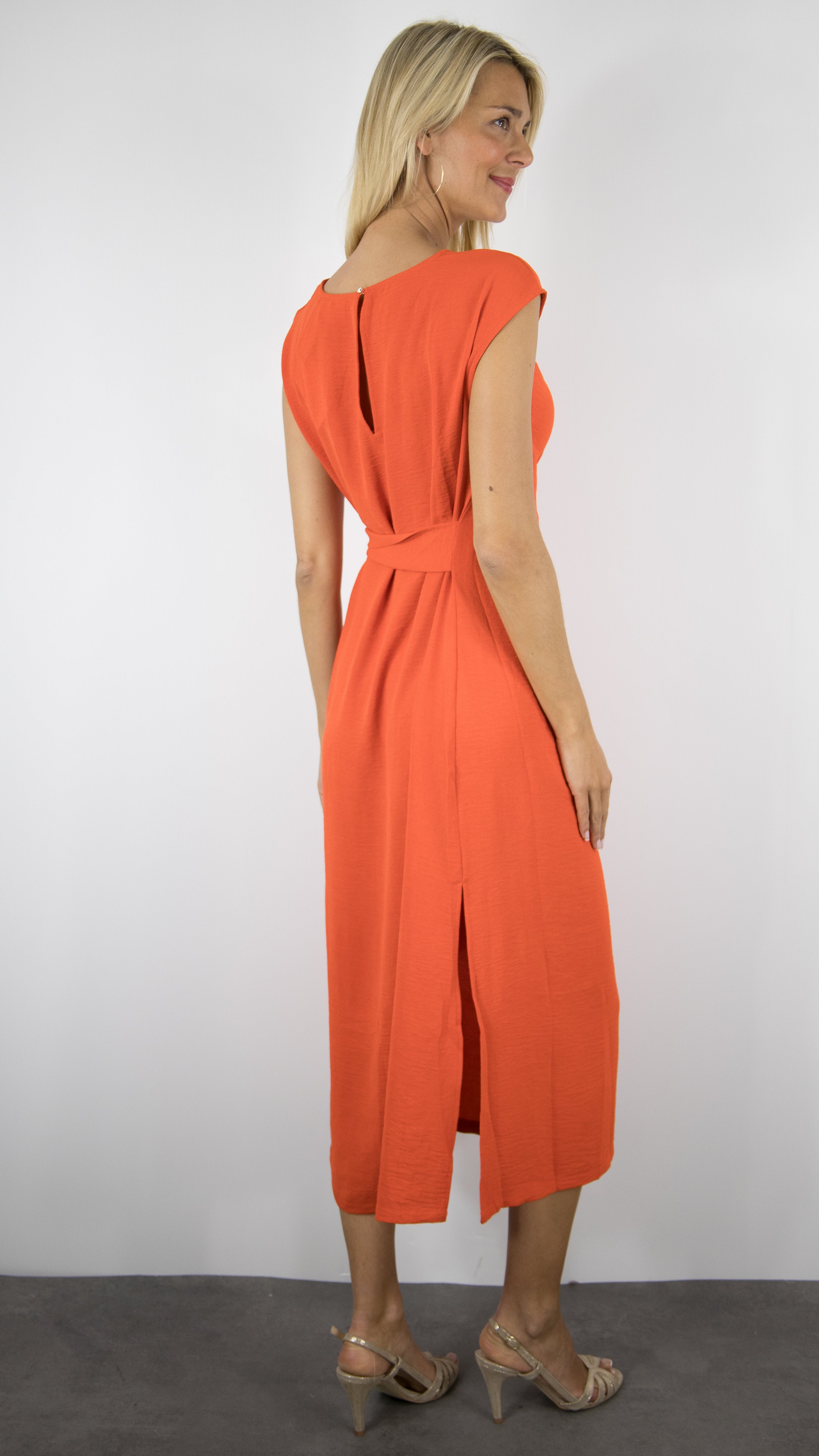 ROBE MIDI SANS MANCHES FLUIDE CROISEE POUR FEMME YCOO 10215#COLOR_CORAIL
