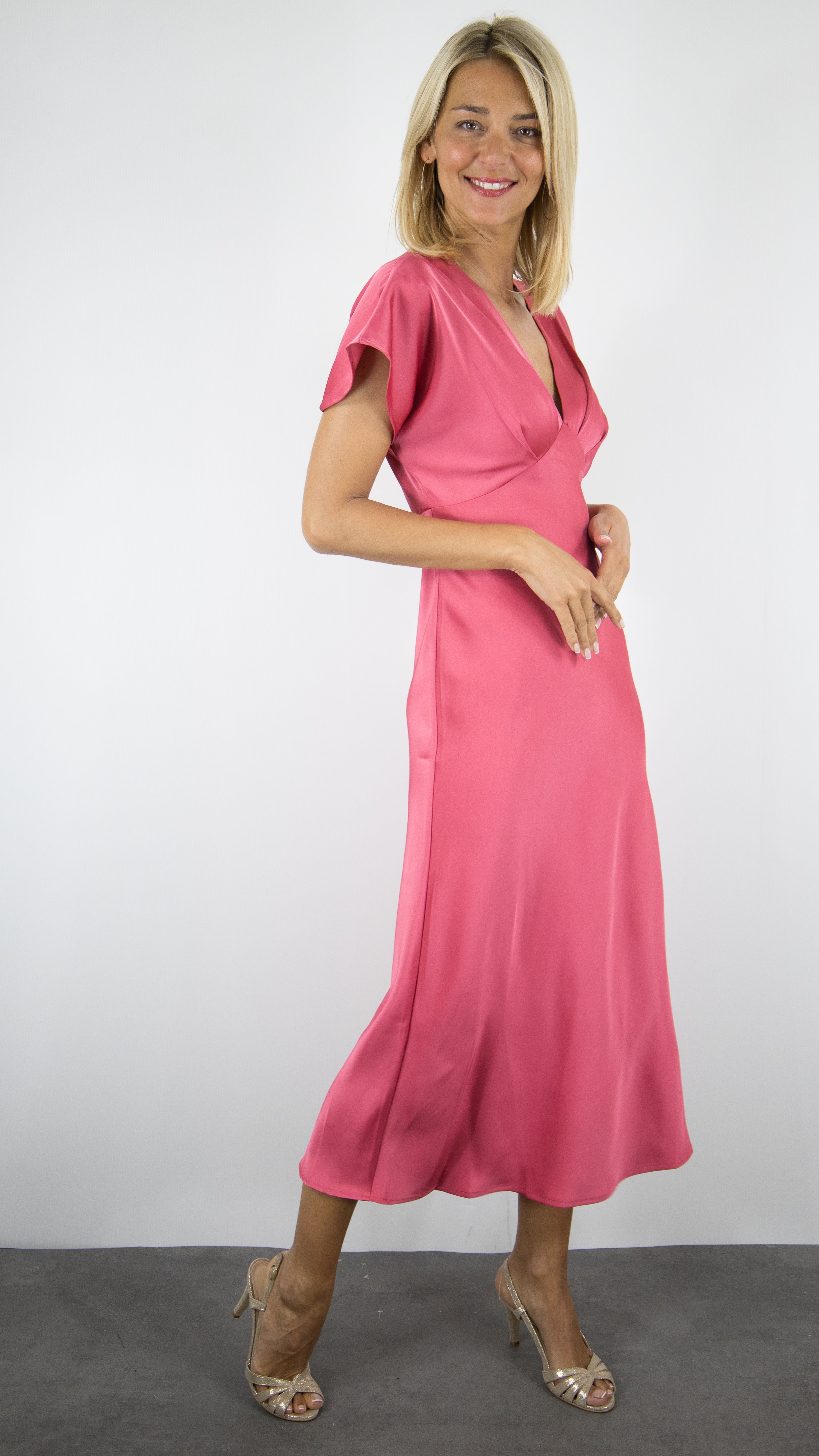 ROBE LONGUE SATINEE COL V LONGUEUR MIDI BOIS DE ROSE YCOO 10420