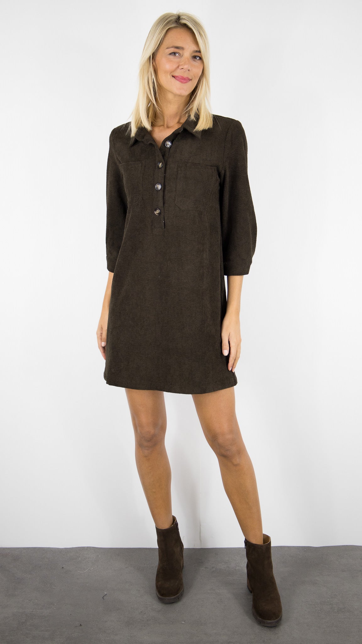 ROBE CHEMISE EN VELOURS YCOO 10485B#COLOR_CHOCO