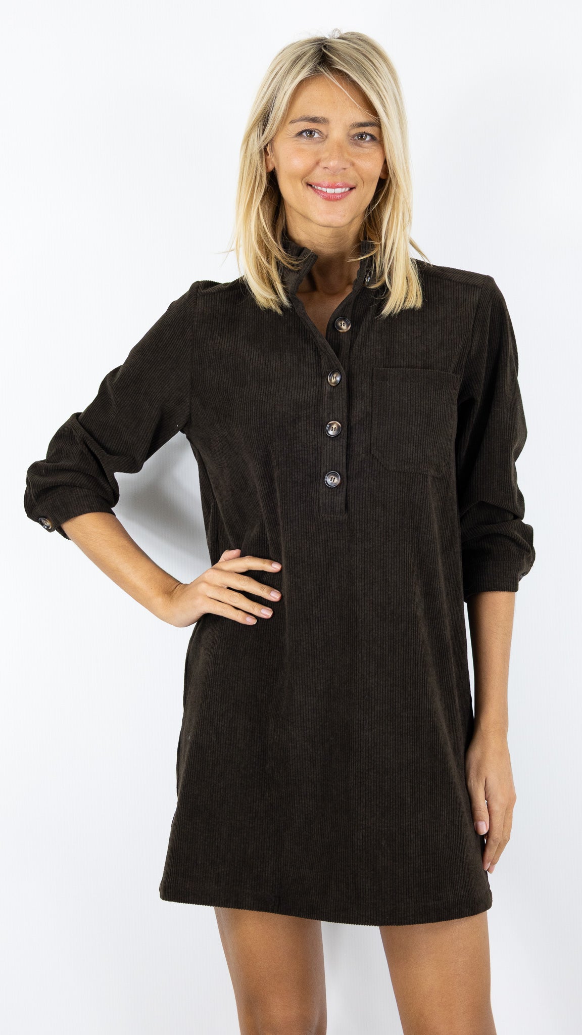 ROBE EN VELOURS COL VOLANTE 10502B YCOO#color_MARRON