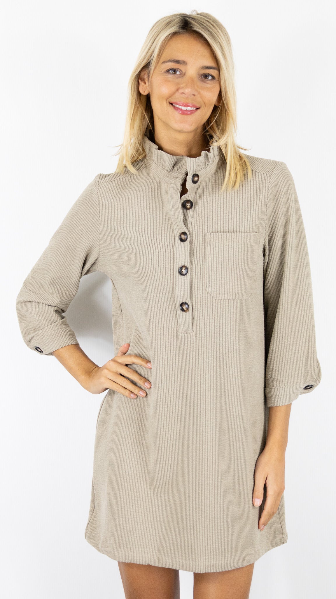 ROBE EN VELOURS COL VOLANTE 10502B YCOO#color_TAUPE