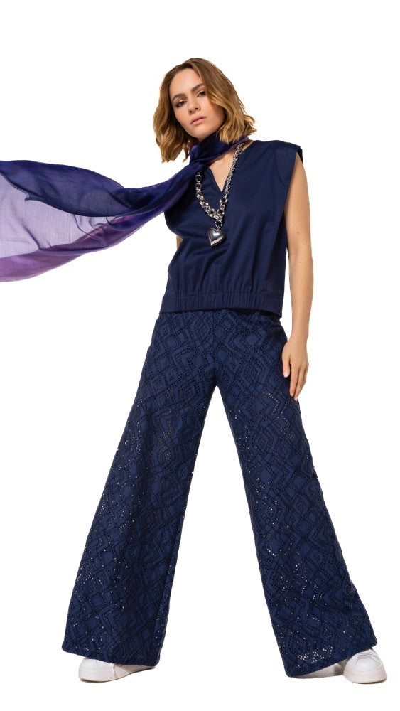 PANTALON LARGE EN DENTELLE BLEU INDIGO CAROLINE BISS 1554