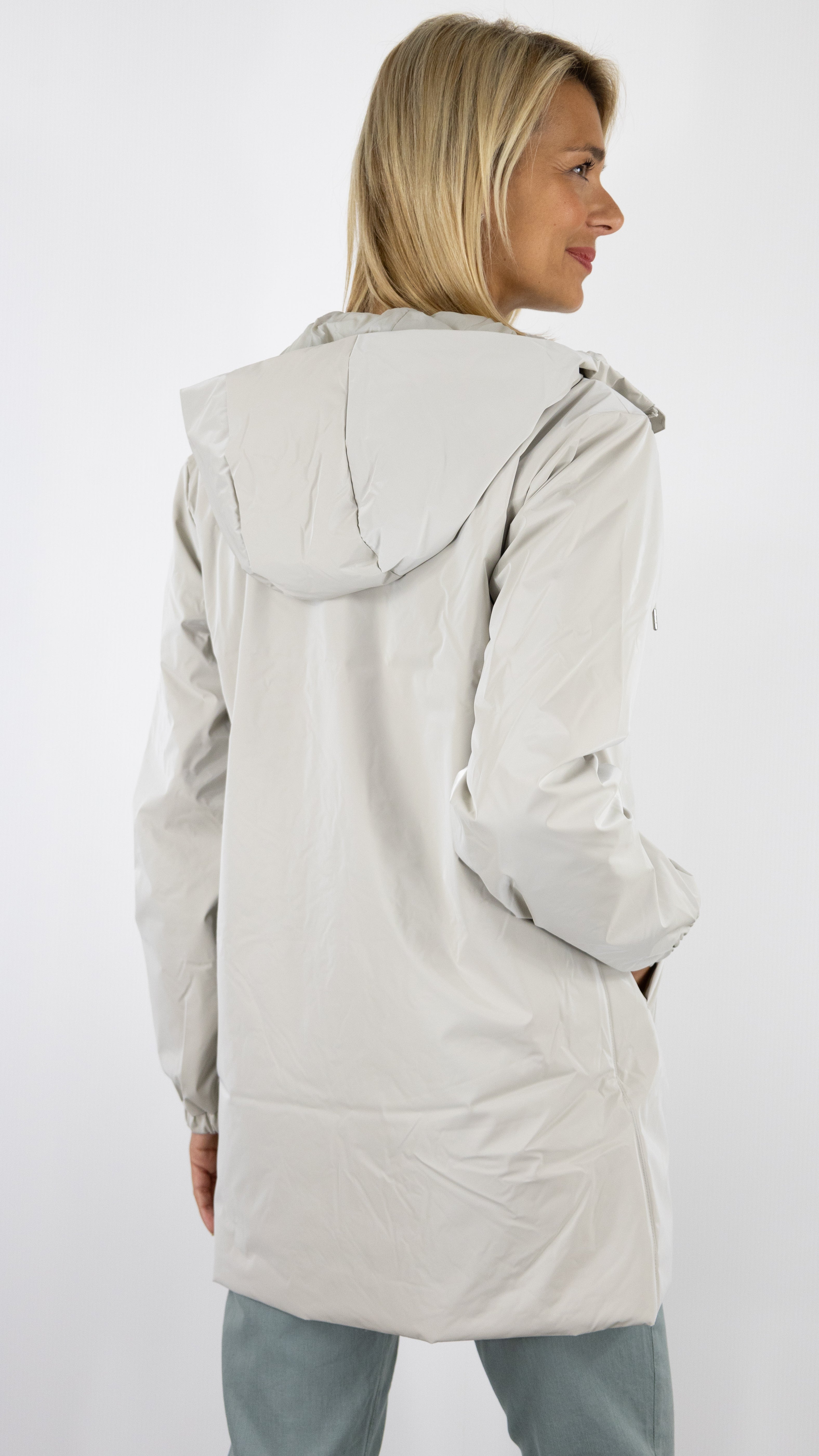 VESTE MI LONGUE A CAPUCHE IMPERMEABLE RAINS 15790 LOHJA LONG MATRIX GREIGE BRILLANT