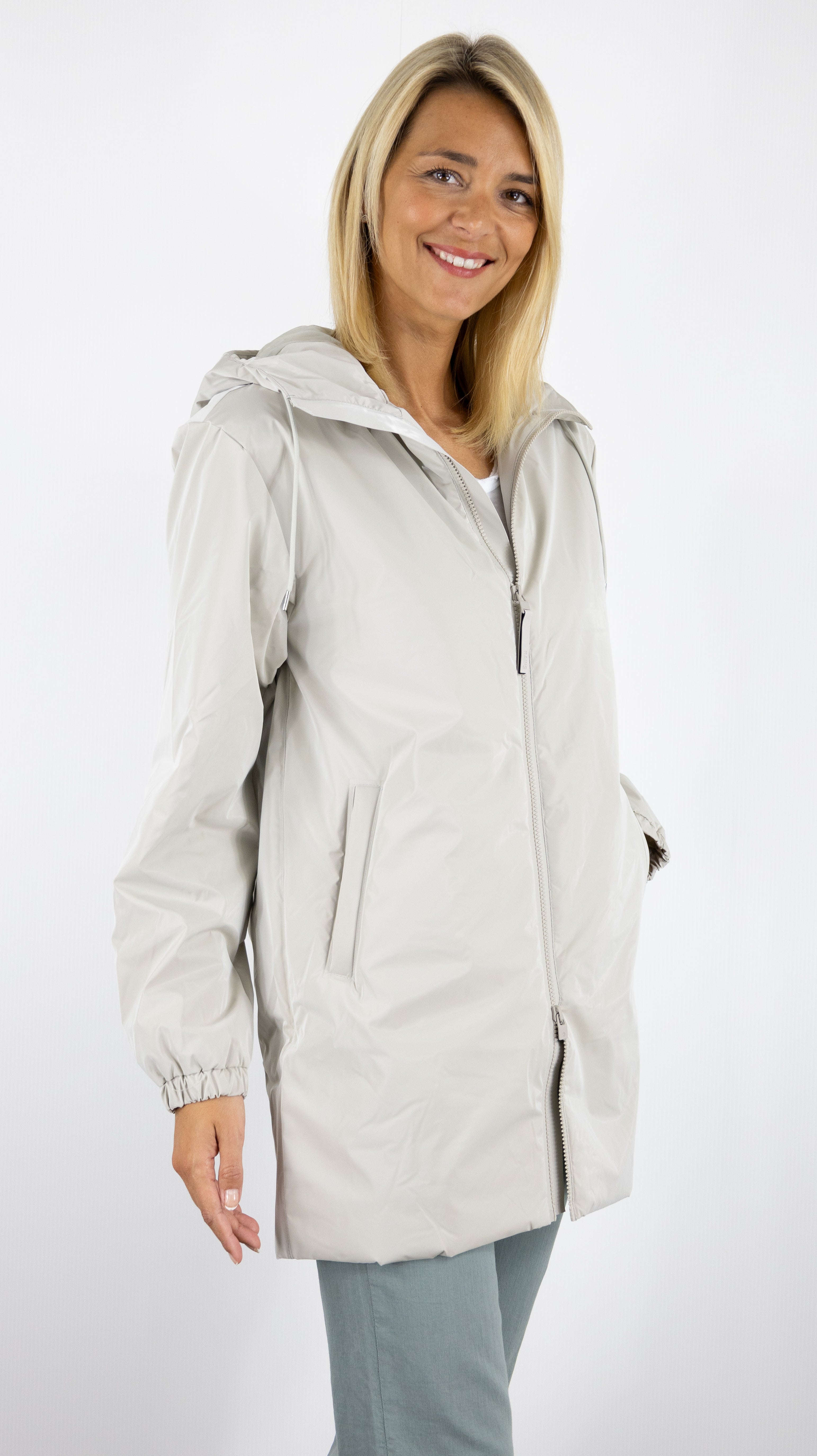 VESTE MI LONGUE A CAPUCHE IMPERMEABLE RAINS 15790 LOHJA LONG MATRIX GREIGE BRILLANT