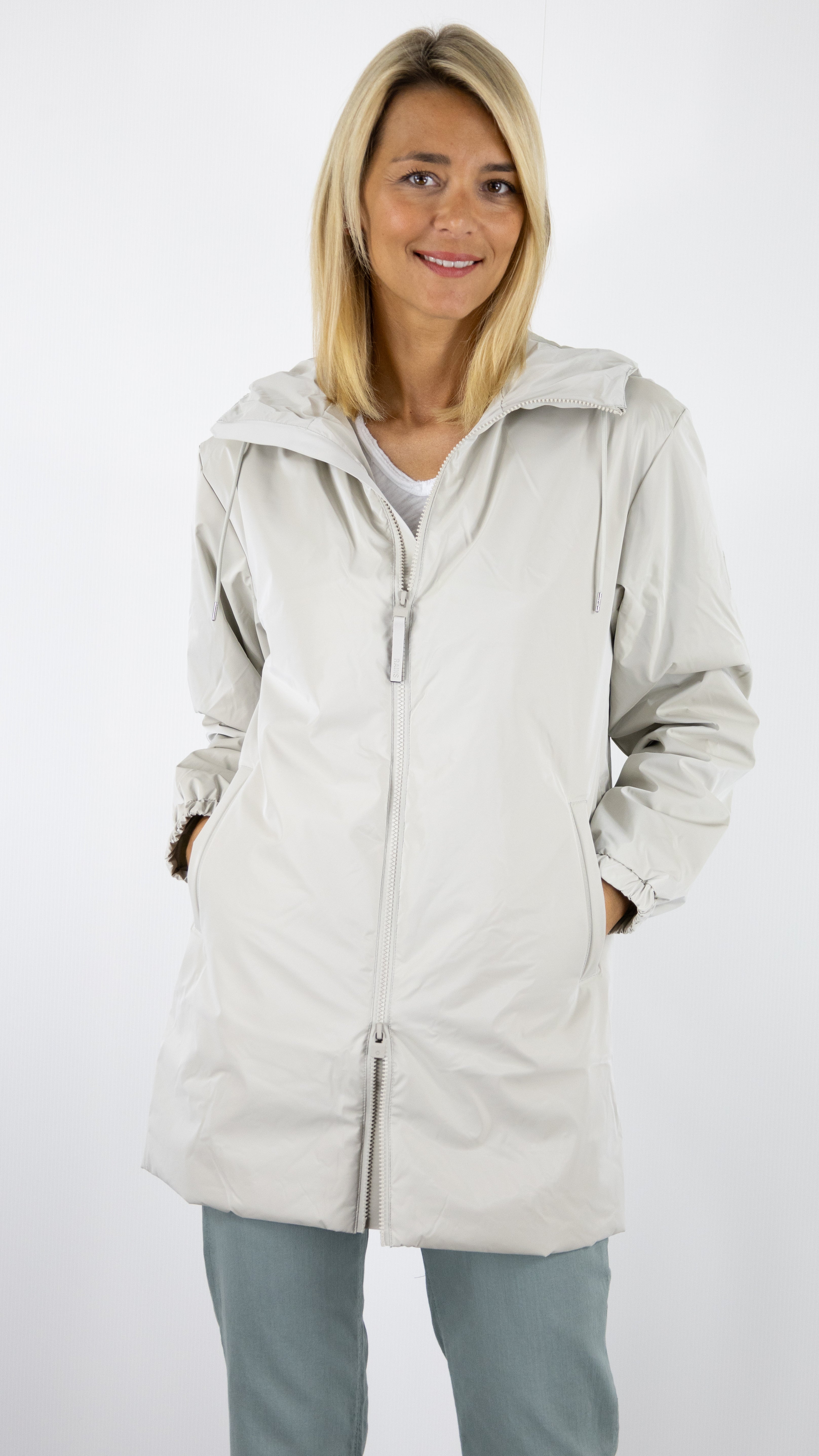 VESTE MI LONGUE A CAPUCHE IMPERMEABLE RAINS 15790 LOHJA LONG MATRIX GREIGE BRILLANT