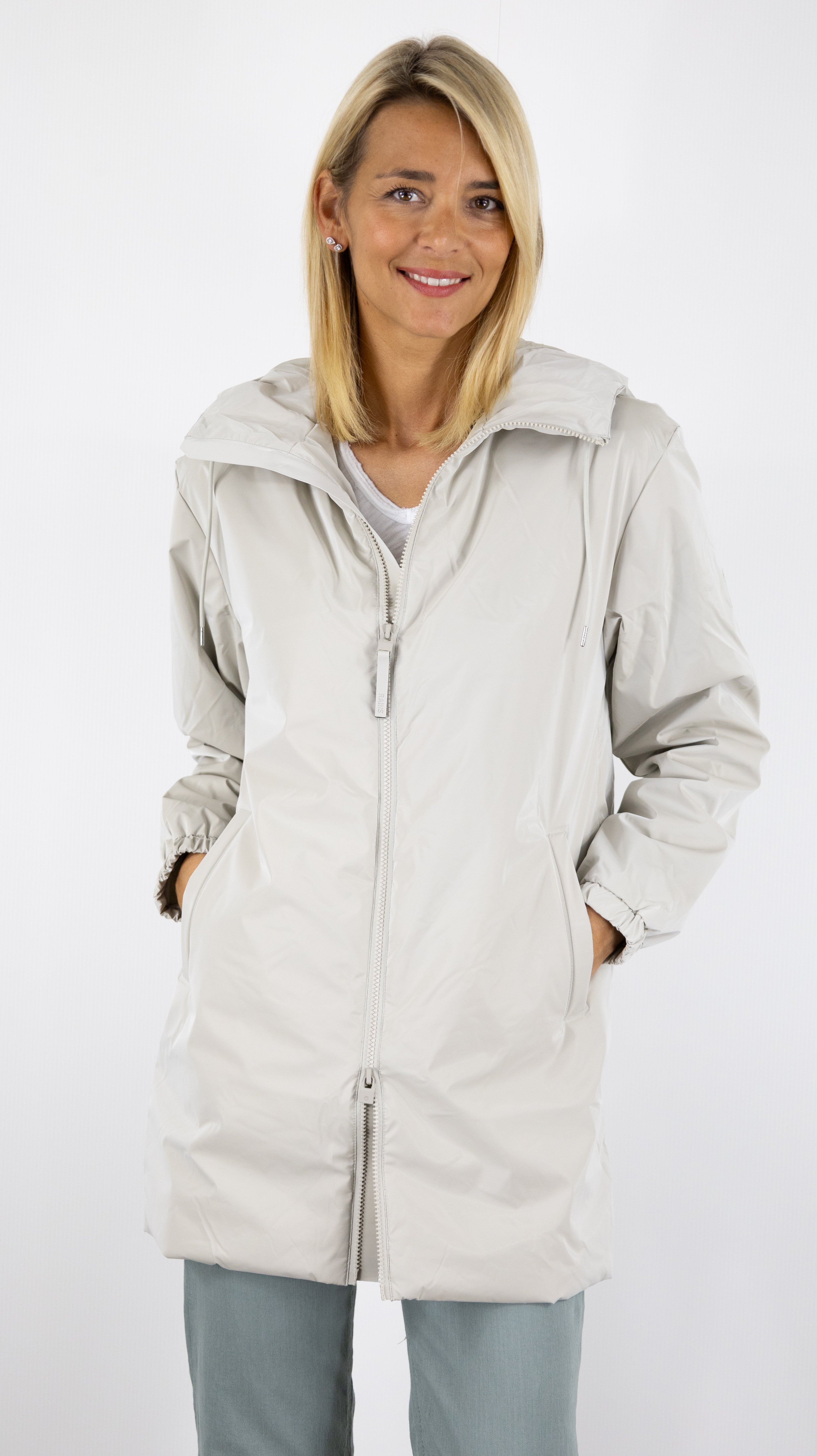 VESTE MI LONGUE A CAPUCHE IMPERMEABLE RAINS 15790 LOHJA LONG MATRIX GREIGE BRILLANT