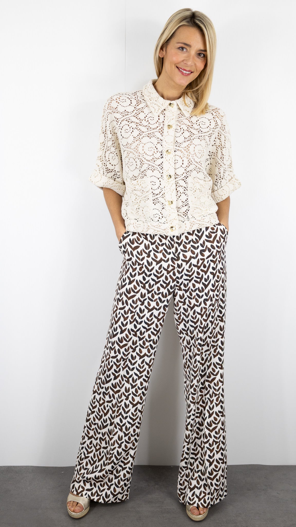 PANTALON FLARE FLUIDE IMPRIME CAFE CHOCO FEMME  CAROLINE BISS 1584