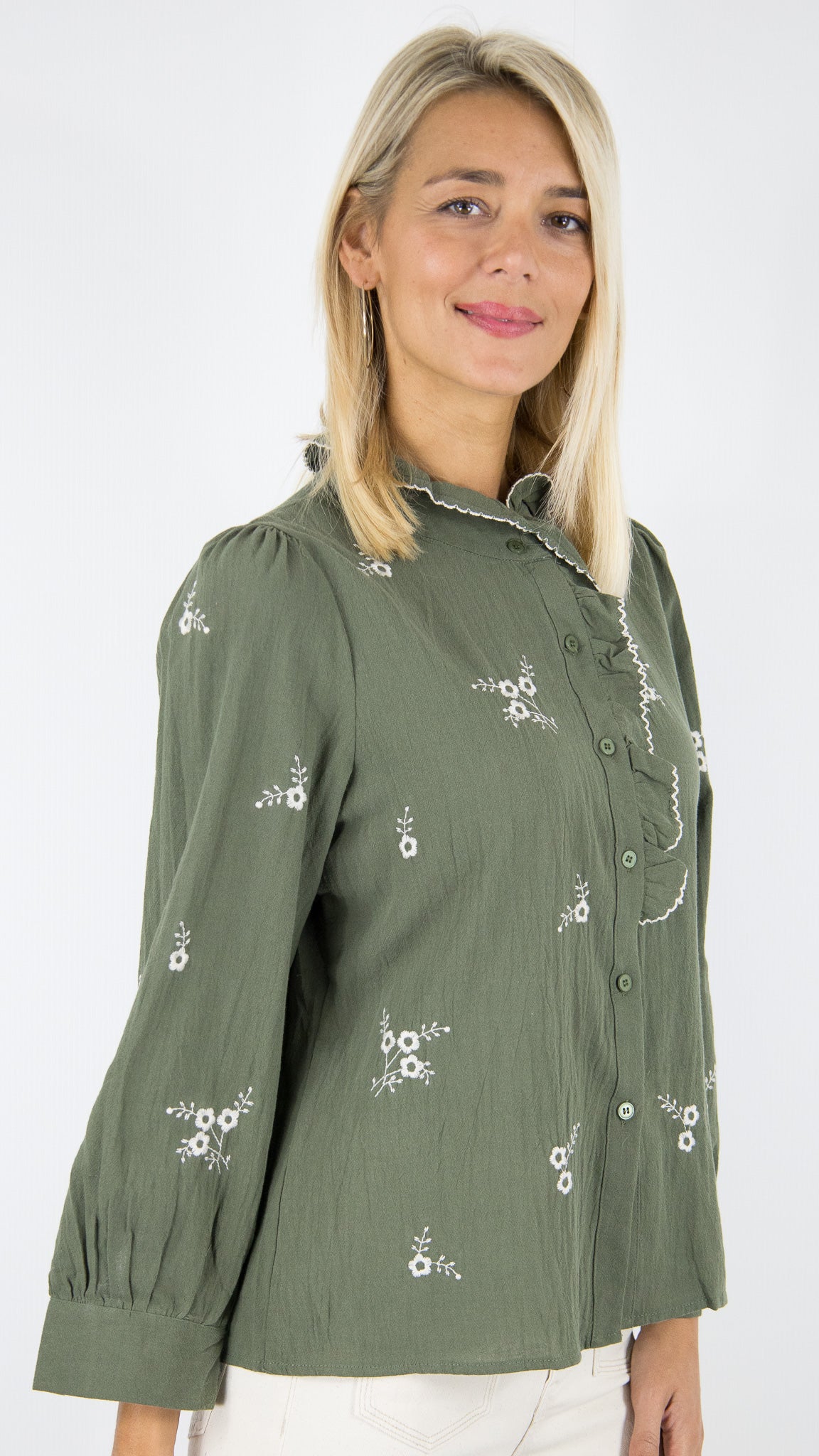 BLOUSE BRODEE ET VOLANTEE KAKI ECRUE SEASON 15H018 
